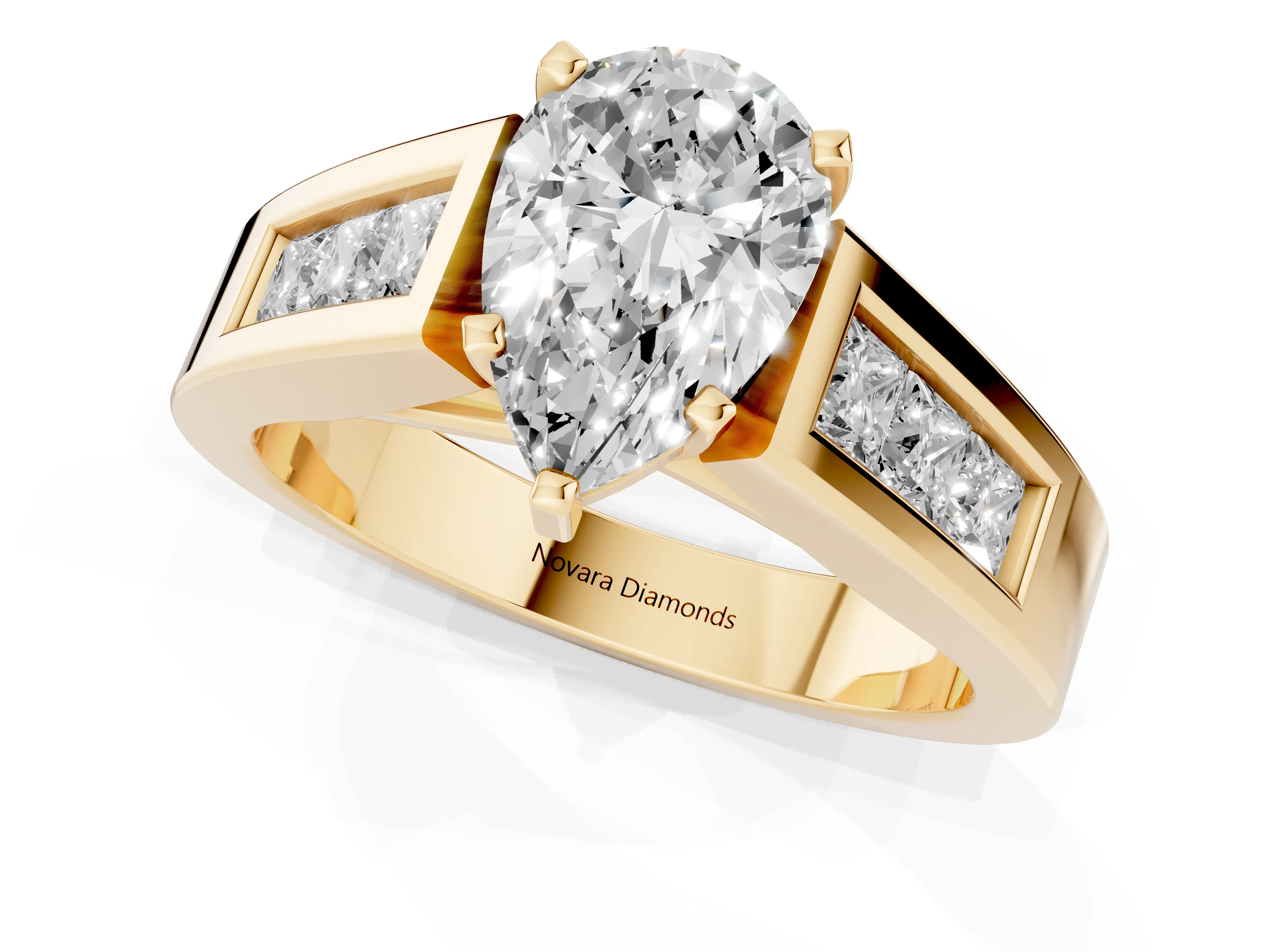 Pear Cut Diamond Solitaire Ring Set in Yellow gold with Channel-Set Accent Stones and Prong Setting – second view