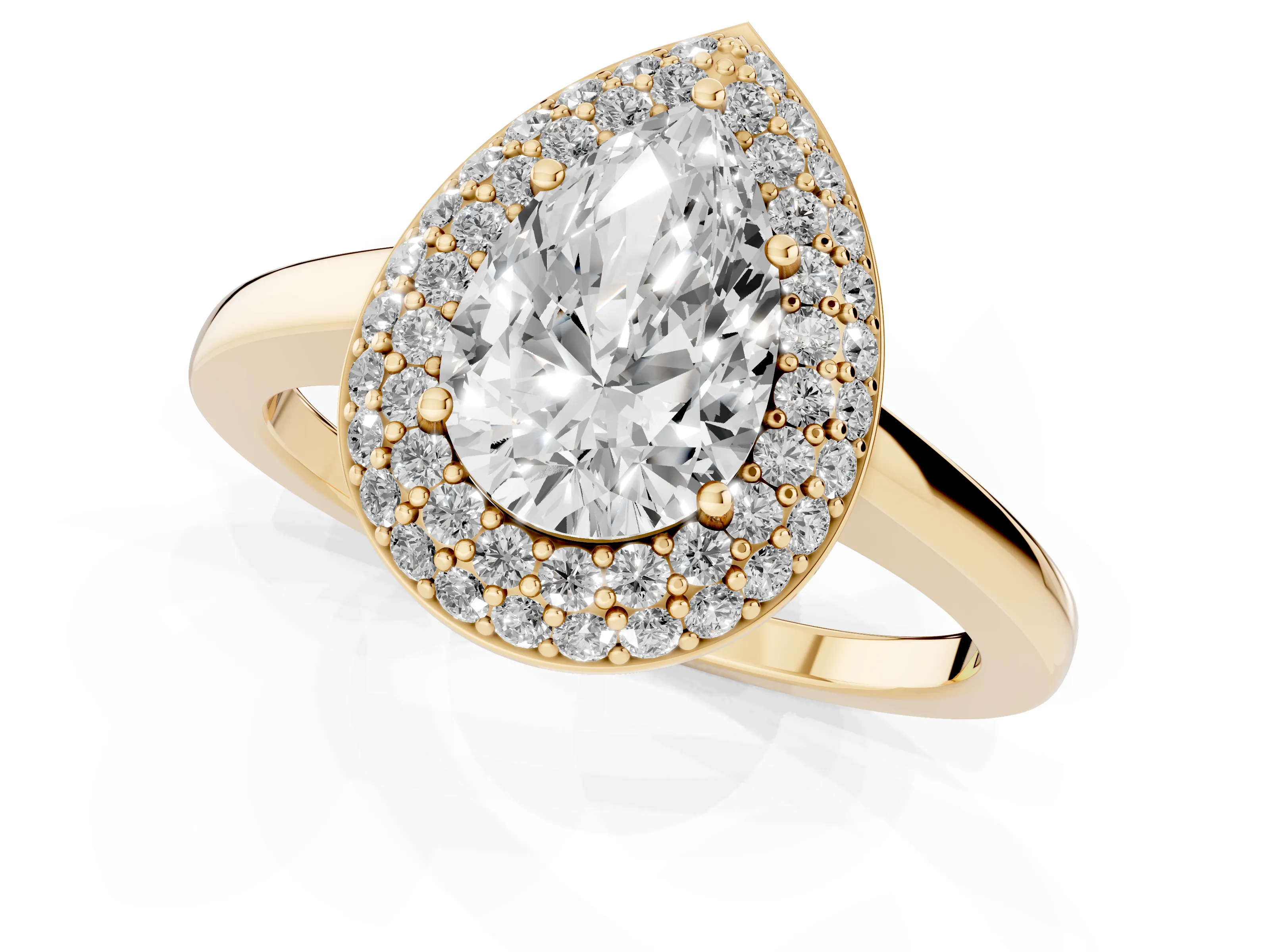 Pear Cut Diamond Halo Engagement Ring Set in Yellow gold with Solitaire Band and Prong Setting