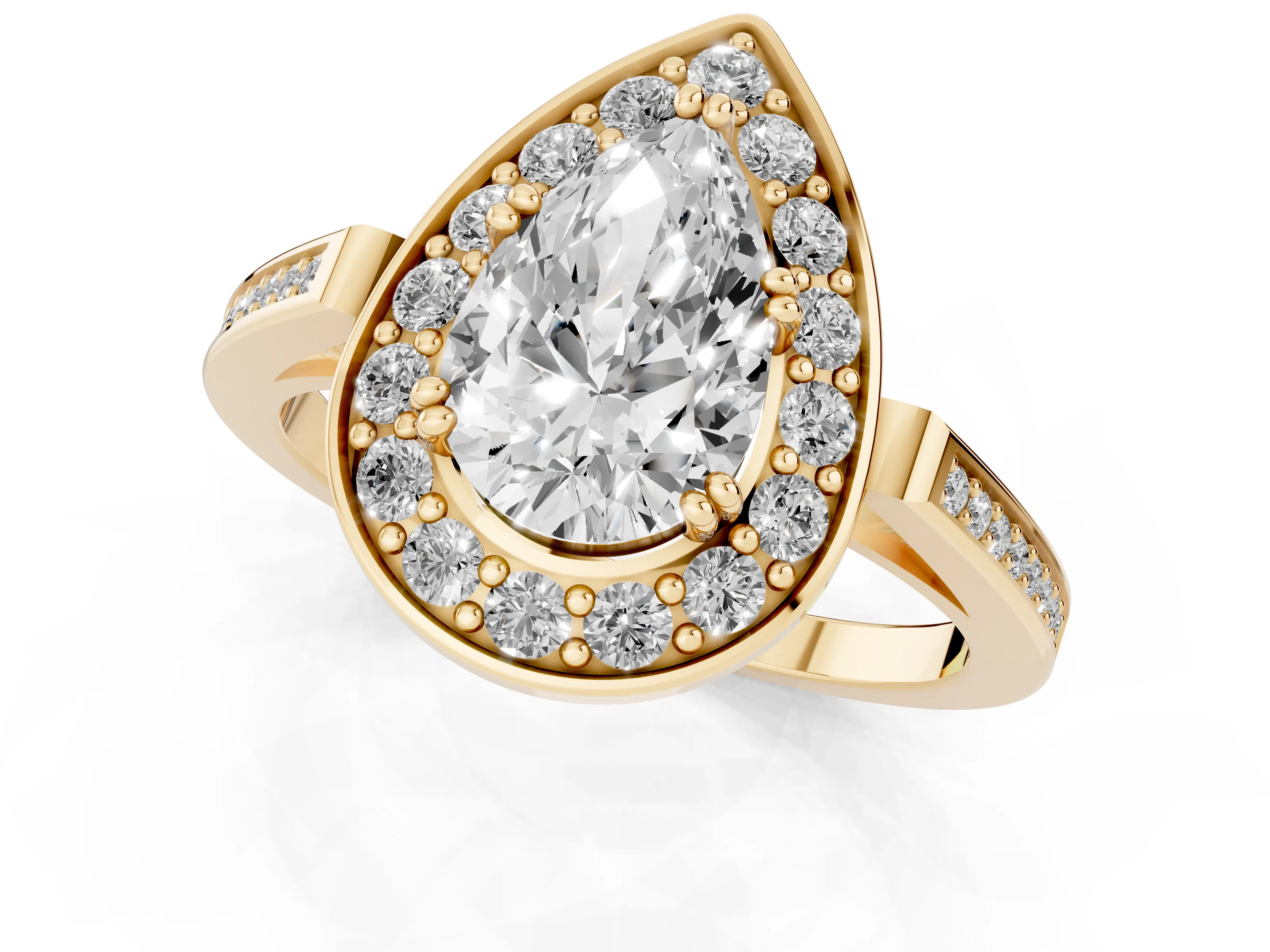 Pear Cut Diamond Halo Ring Set in Yellow gold with Accent-Lined Split Shank and Prong Setting