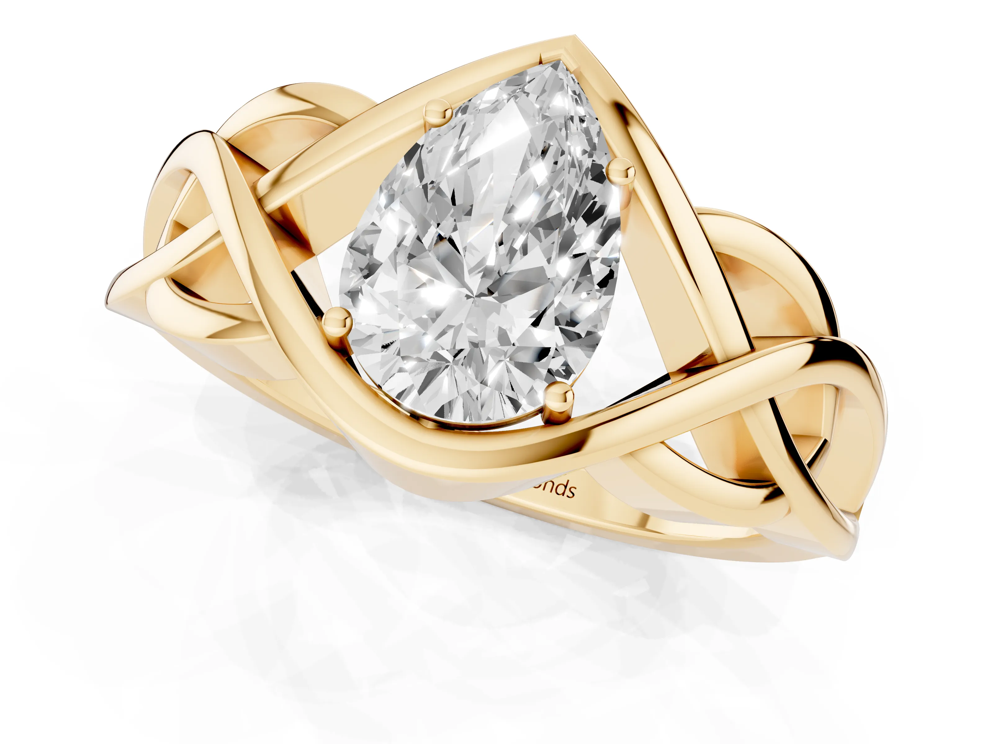 Pear Cut Diamond Solitaire Ring Set in Yellow gold with Intertwined Band