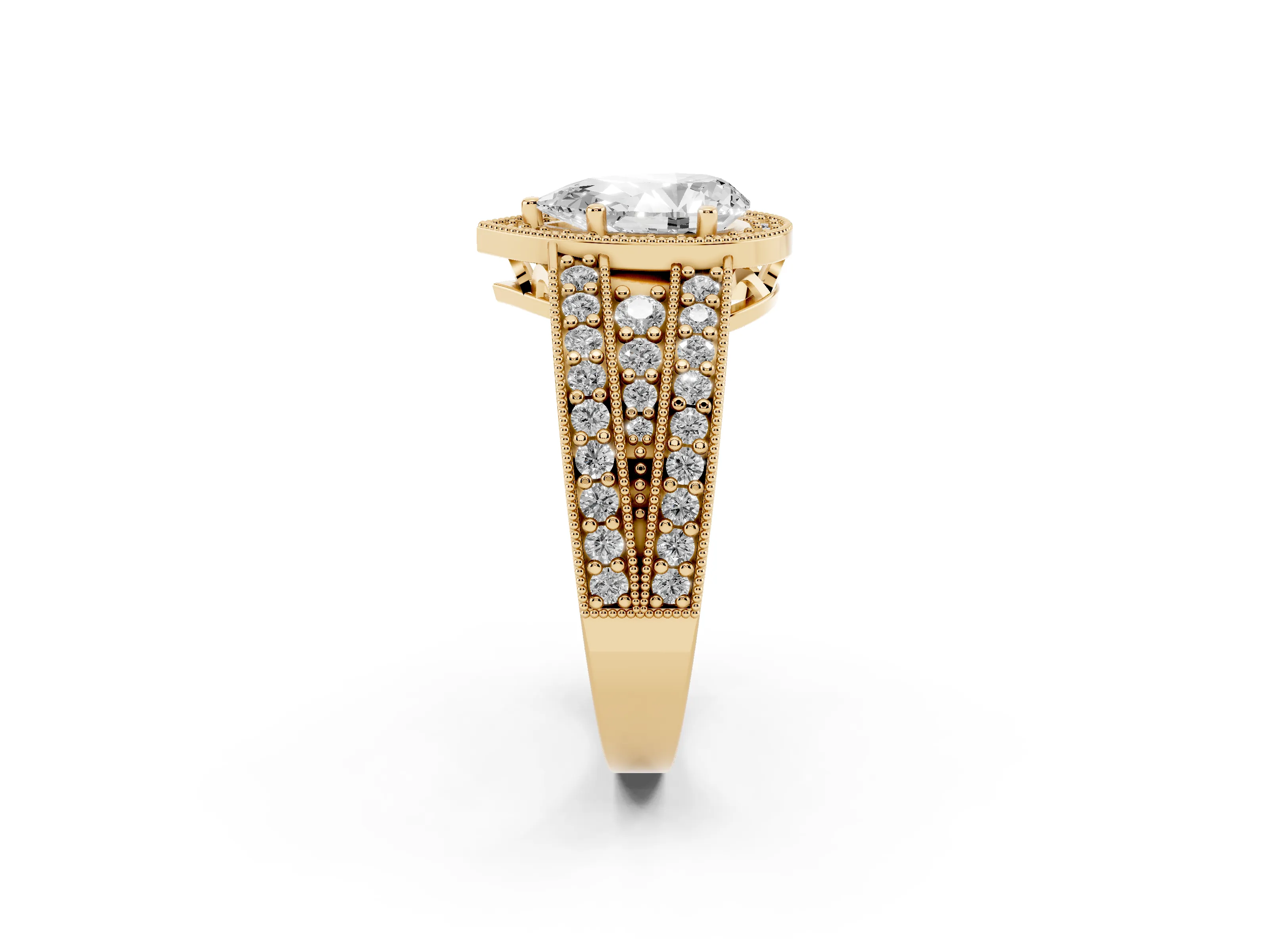 Pear Cut Diamond Halo Ring Set in Yellow gold with Accent Split Shank and Prong Setting