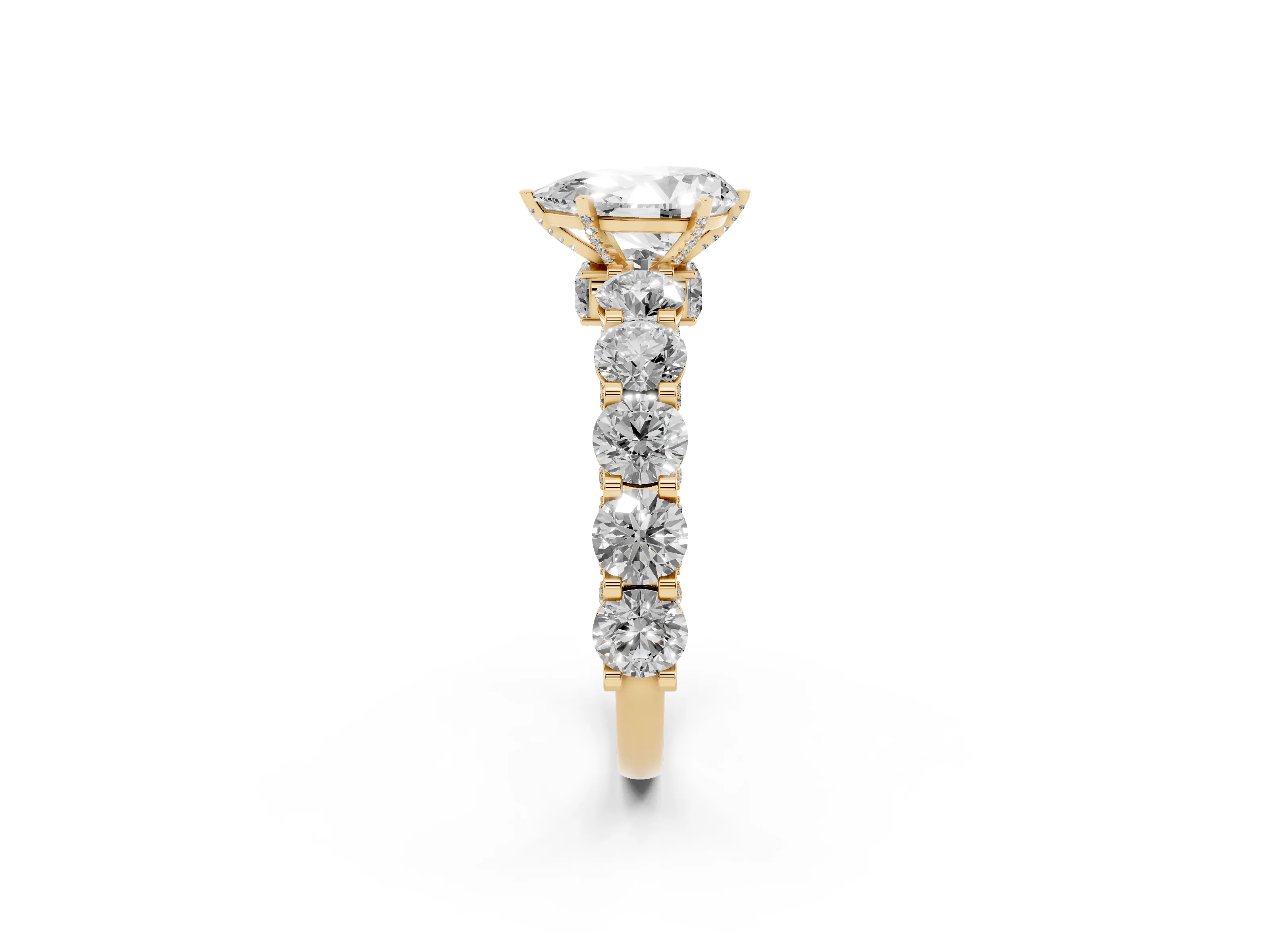 Pear Cut Diamond Side Stone Ring Set in Yellow gold with Alternating Round and Oval Side Stones