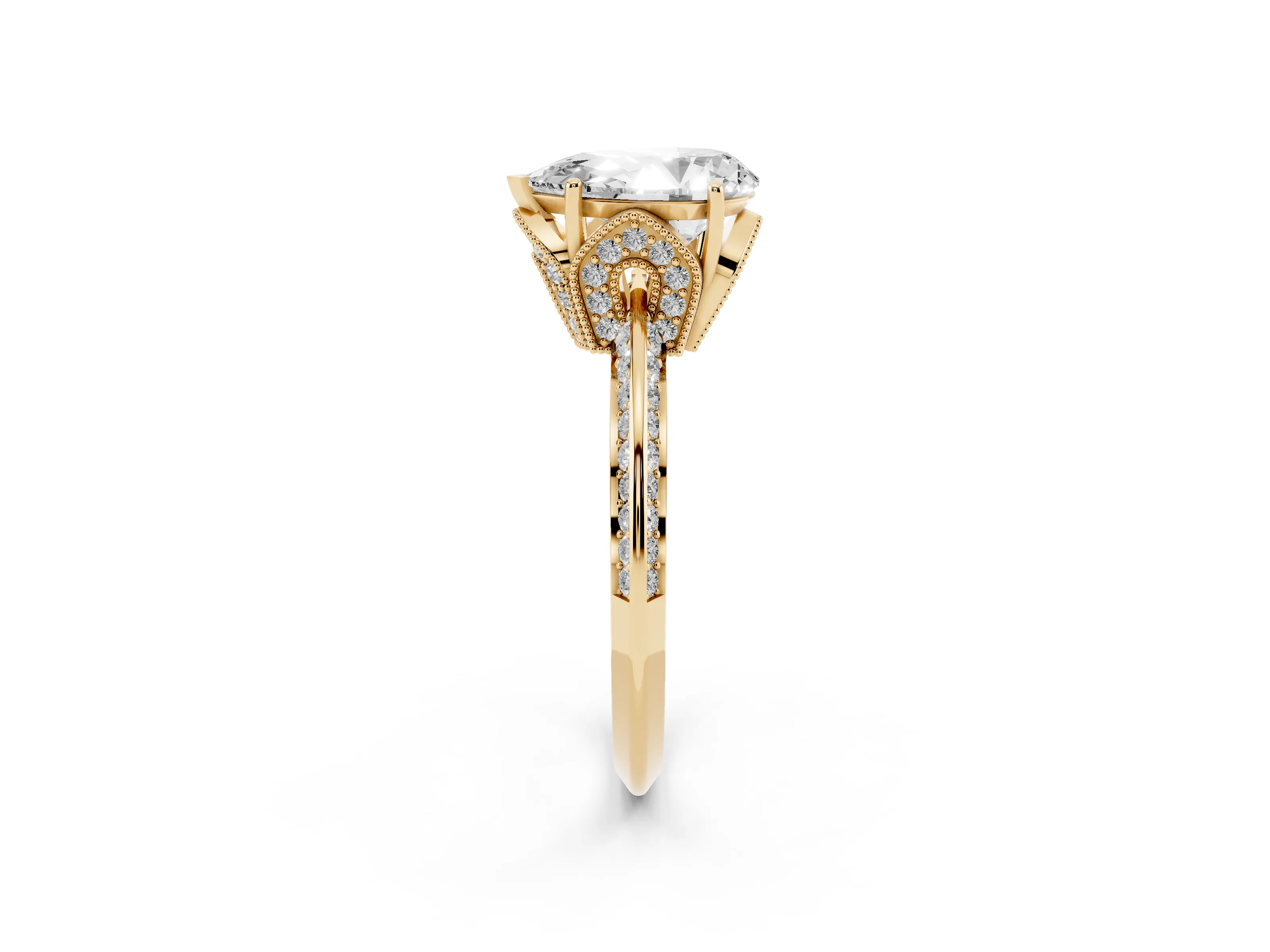 Pear Cut Diamond Solitaire Engagement Ring Set in Yellow gold with Pavé Split Shank and Prong Setting