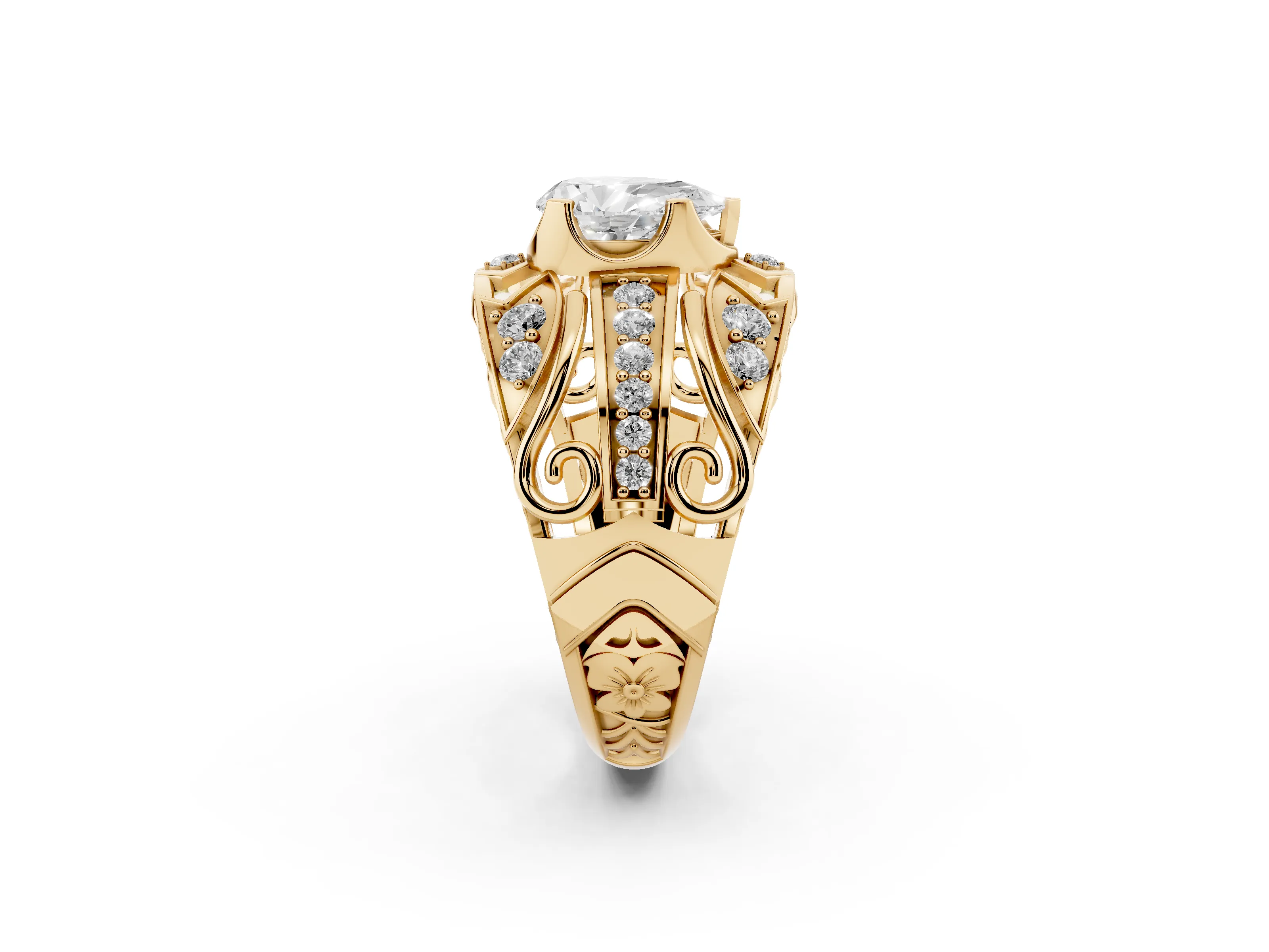 Pear Cut Diamond Art Deco Ring Set in Yellow gold with Pavé Split Shank