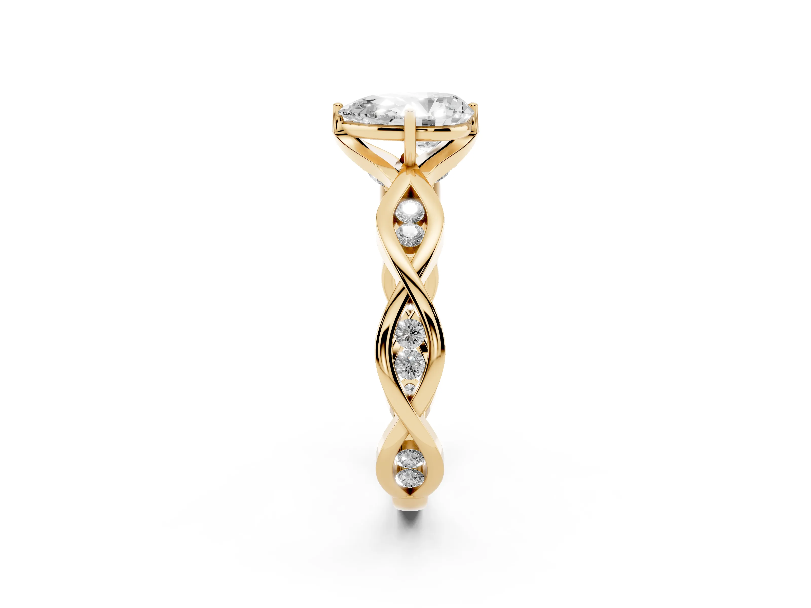 Pear Cut Diamond Twist Band Solitaire Ring Set in Yellow gold with Leaf Prong Setting and Accent Stones