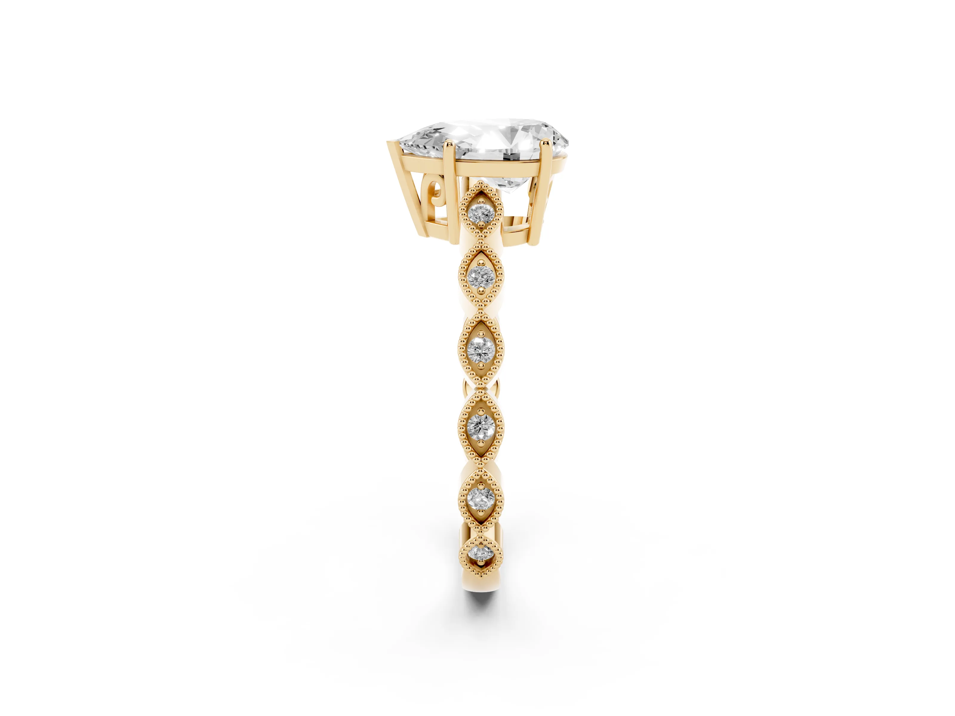 Pear Cut Diamond Solitaire Ring Set in Yellow gold with Infinity Twist Pavé Band