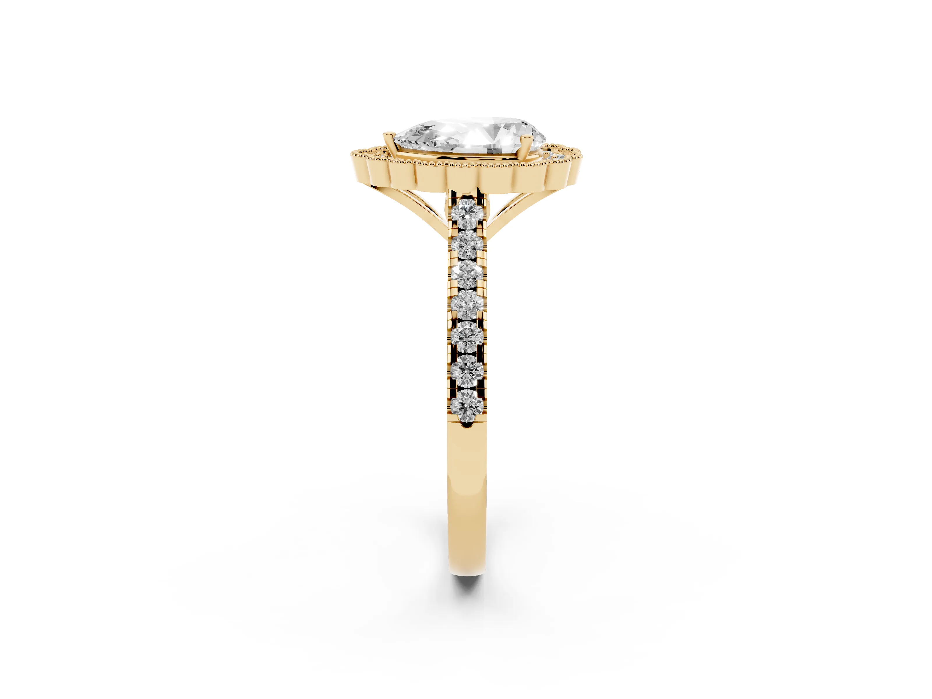 Pear Cut Diamond Milgrain Floral Halo Engagement Ring Set in Yellow gold with Pavé Band