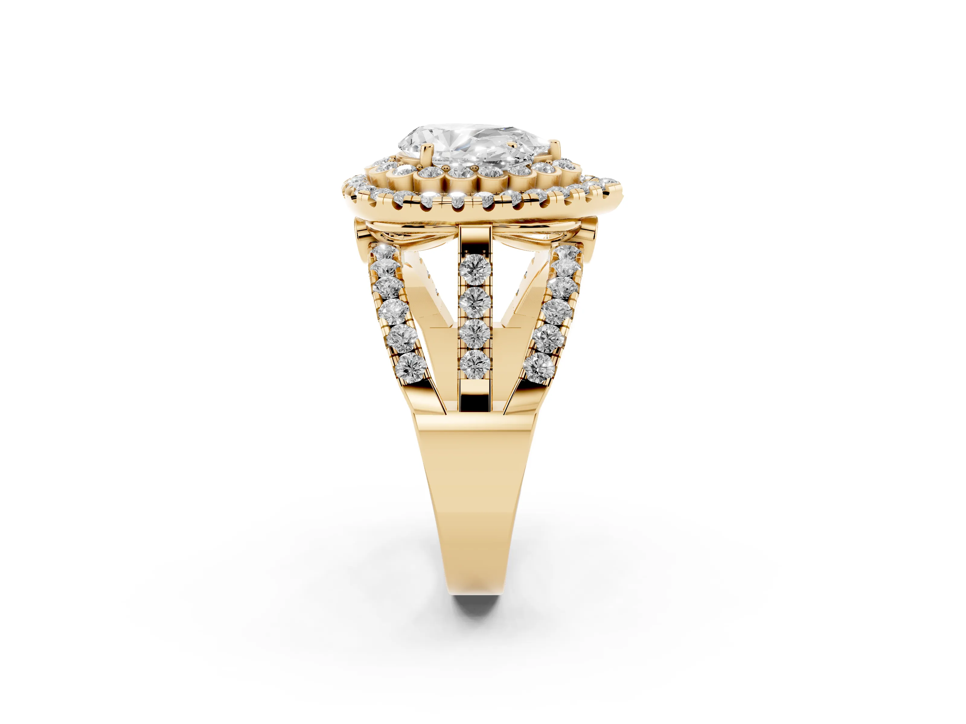 Pear Cut Diamond Double Halo Ring Set in Yellow gold with Round Pavé Split Shank