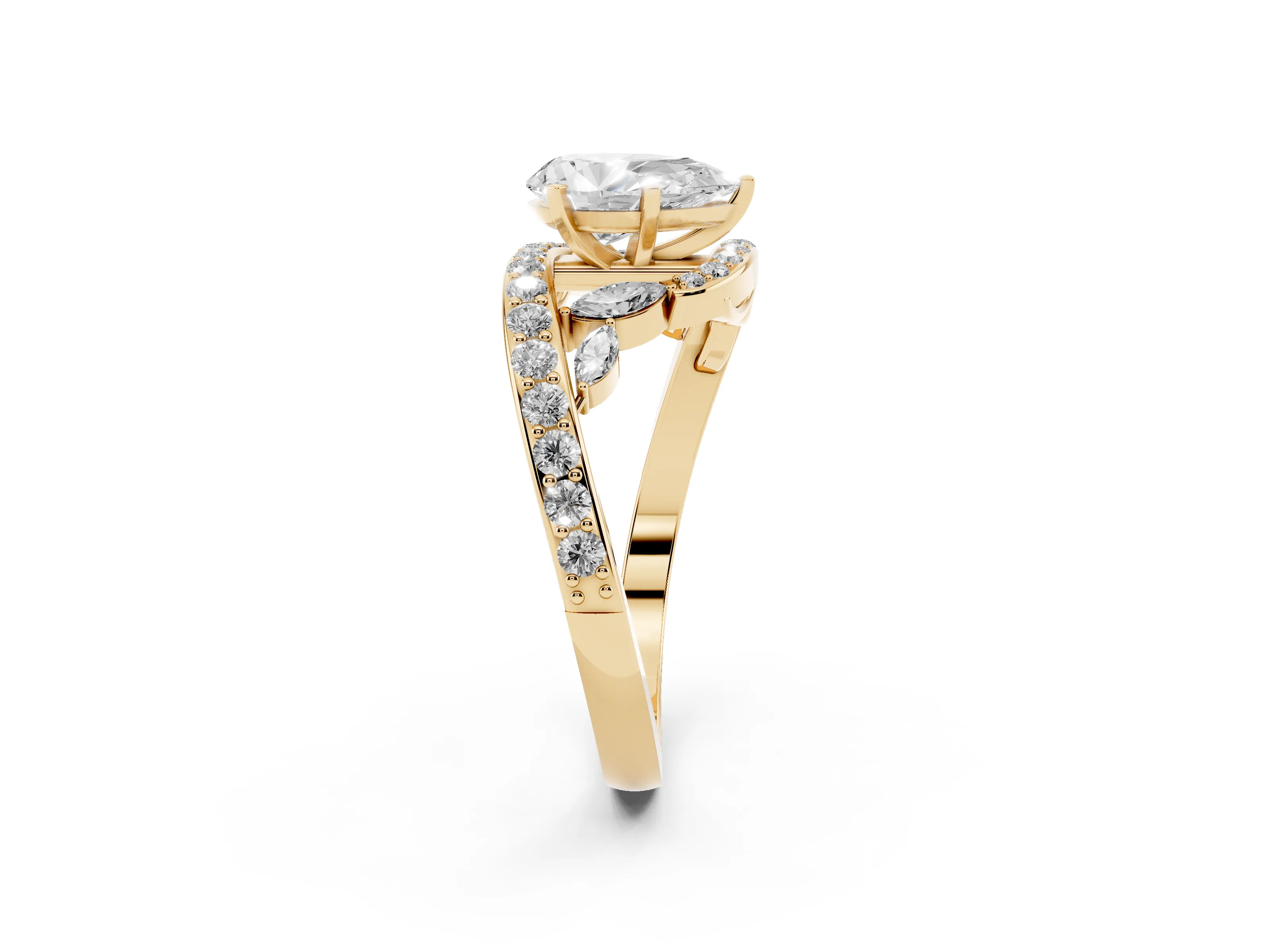 Pear Cut Diamond Solitaire Ring Set in Yellow gold with Pavé Twist Band and Secure Prong Setting