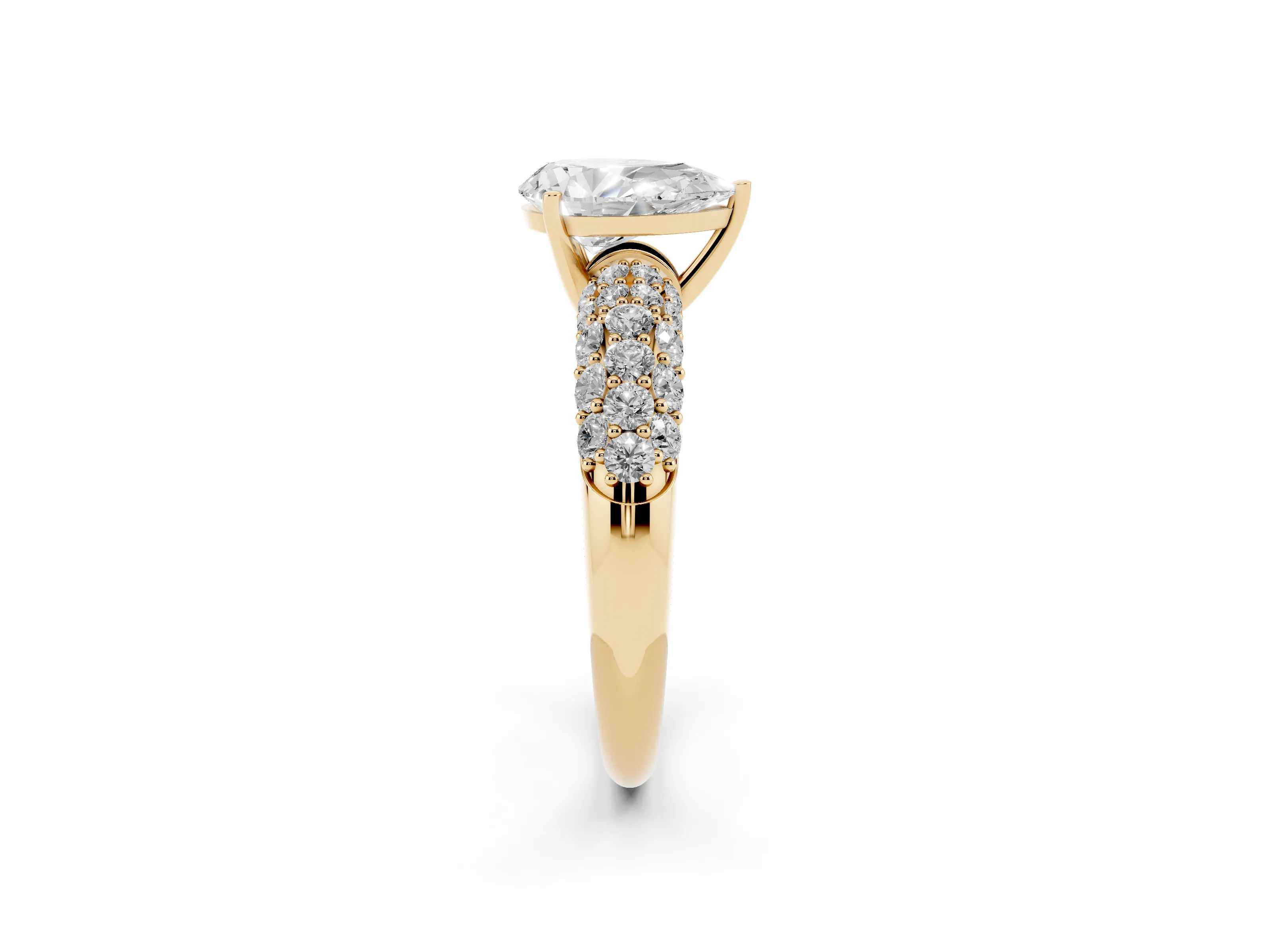 Pear Cut Diamond Pavé Band Solitaire Ring Set in Yellow gold with Close-Set Accent Stones and Prong Setting