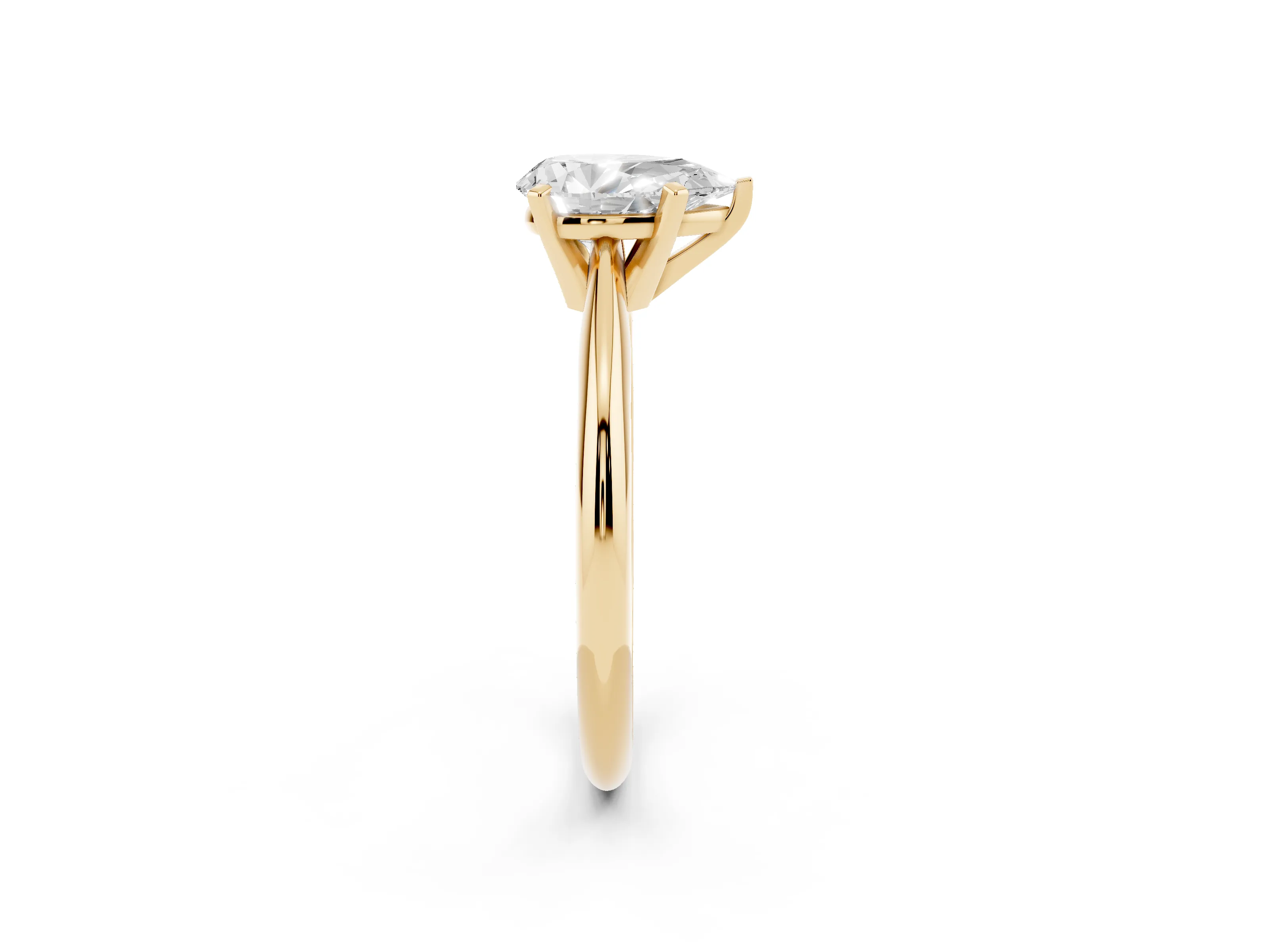 Pear Cut Diamond Solitaire Ring Set in Yellow gold with Prong Setting on a Plain Round Band