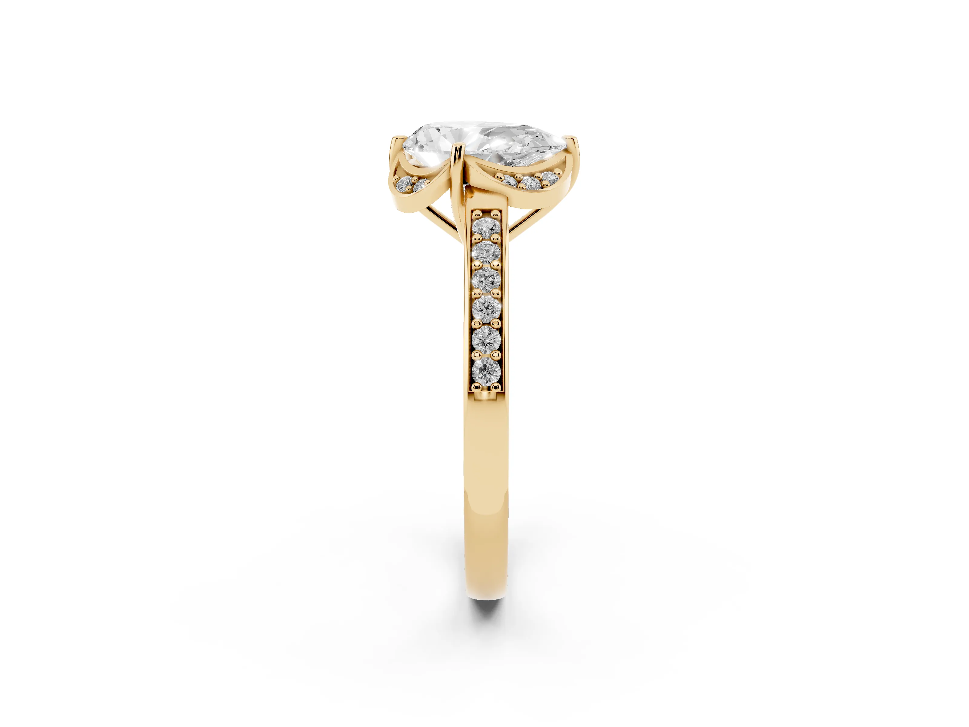 Pear Cut Diamond Halo Ring Set in Yellow gold with Channel Set Band and Prong Setting