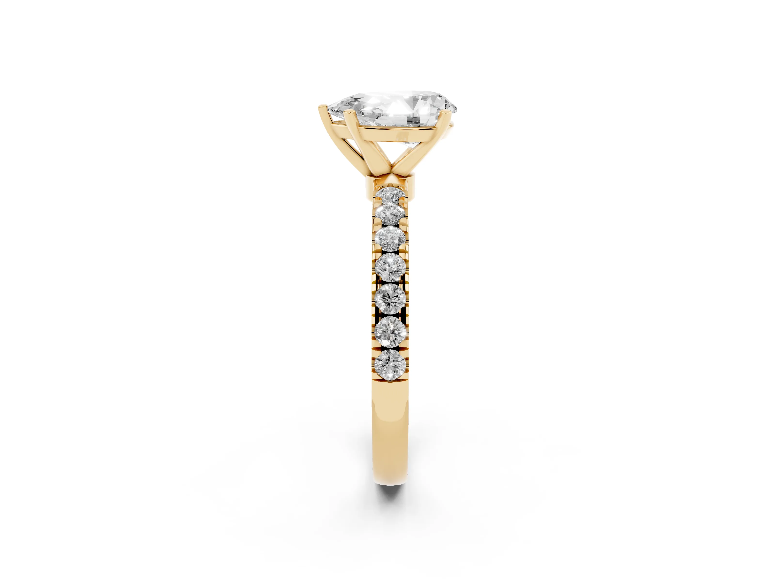 Pear Cut Diamond Solitaire Ring Set in Yellow gold with Pavé Accents and Prong Setting