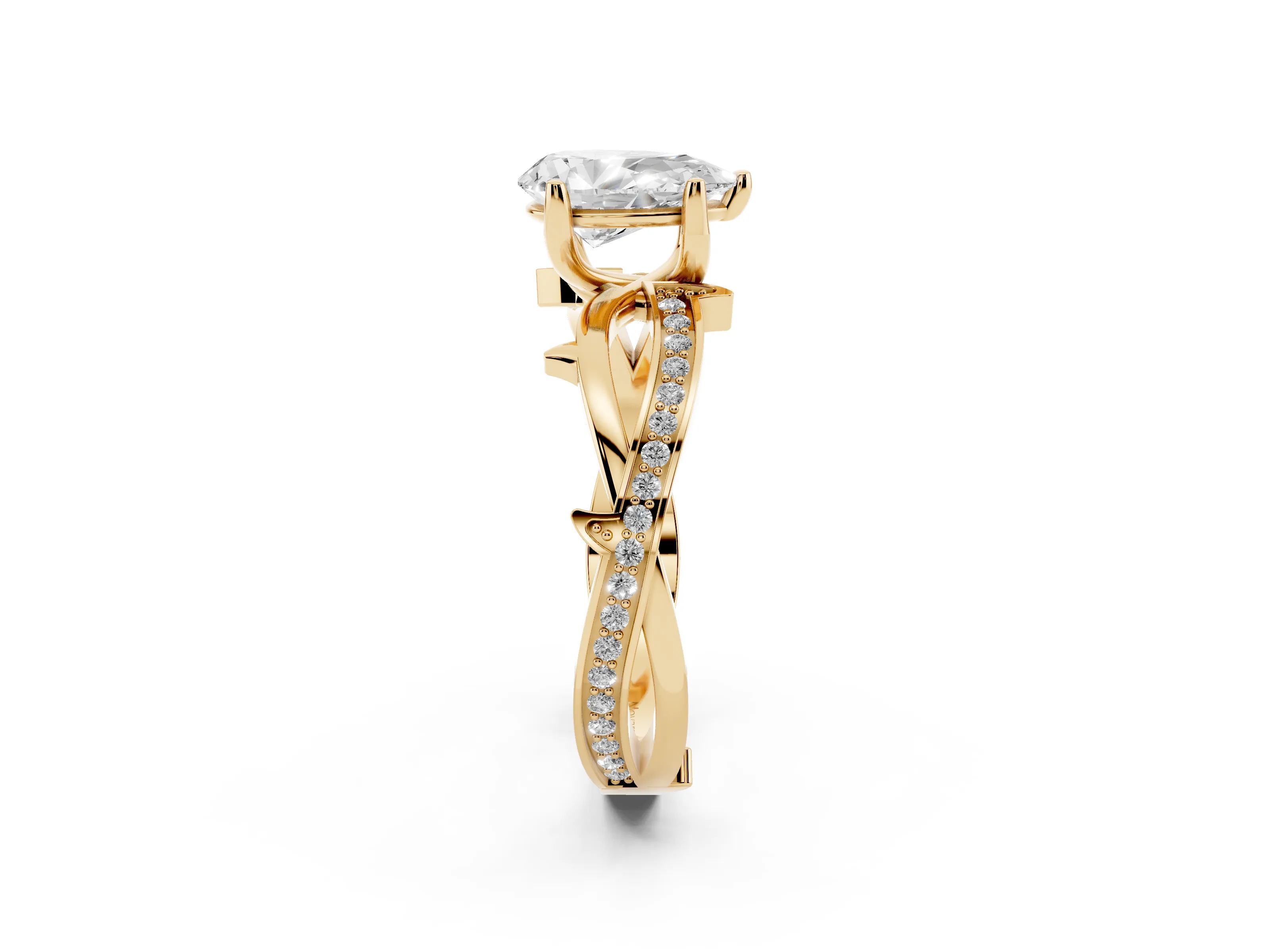 Pear Cut Diamond Pavé Twist Band Solitaire Ring Set in Yellow gold with Prong Setting