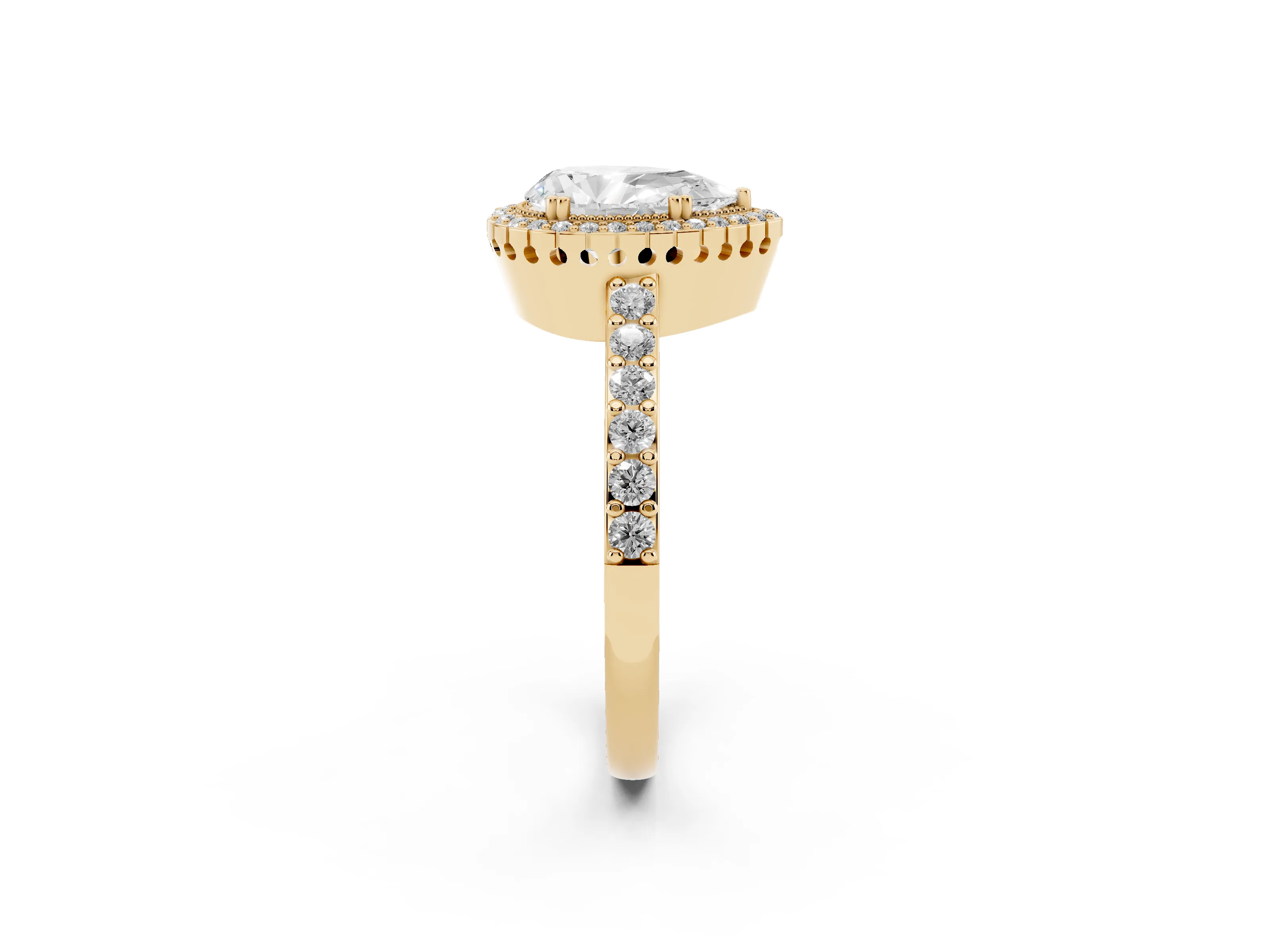 Pear Cut Diamond Halo Engagement Ring Set in Yellow gold with Milgrain Detail and Pavé Band