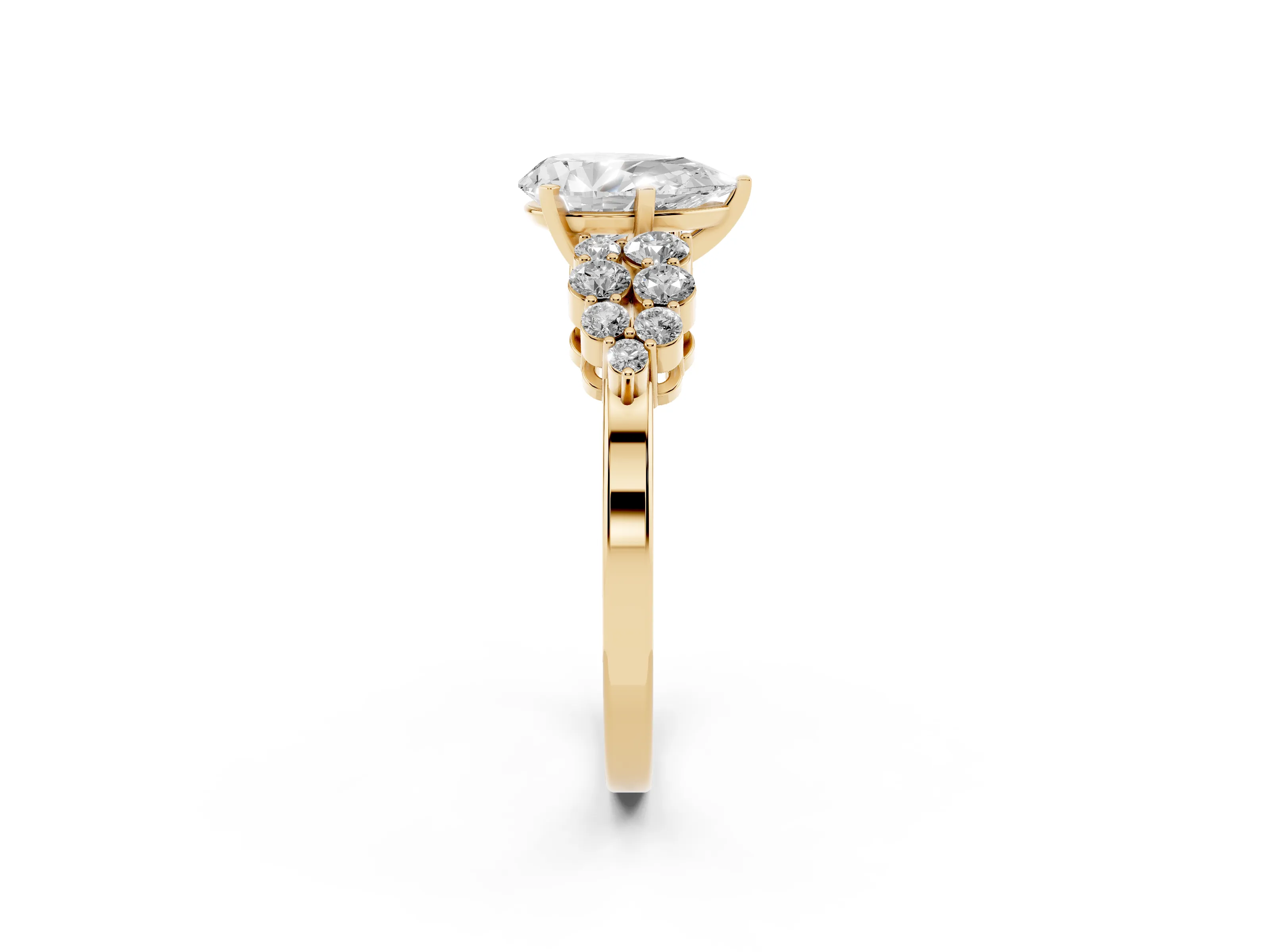 Pear Cut Diamond Cluster Engagement Ring Set in Yellow gold with Pavé Band and Prong Setting