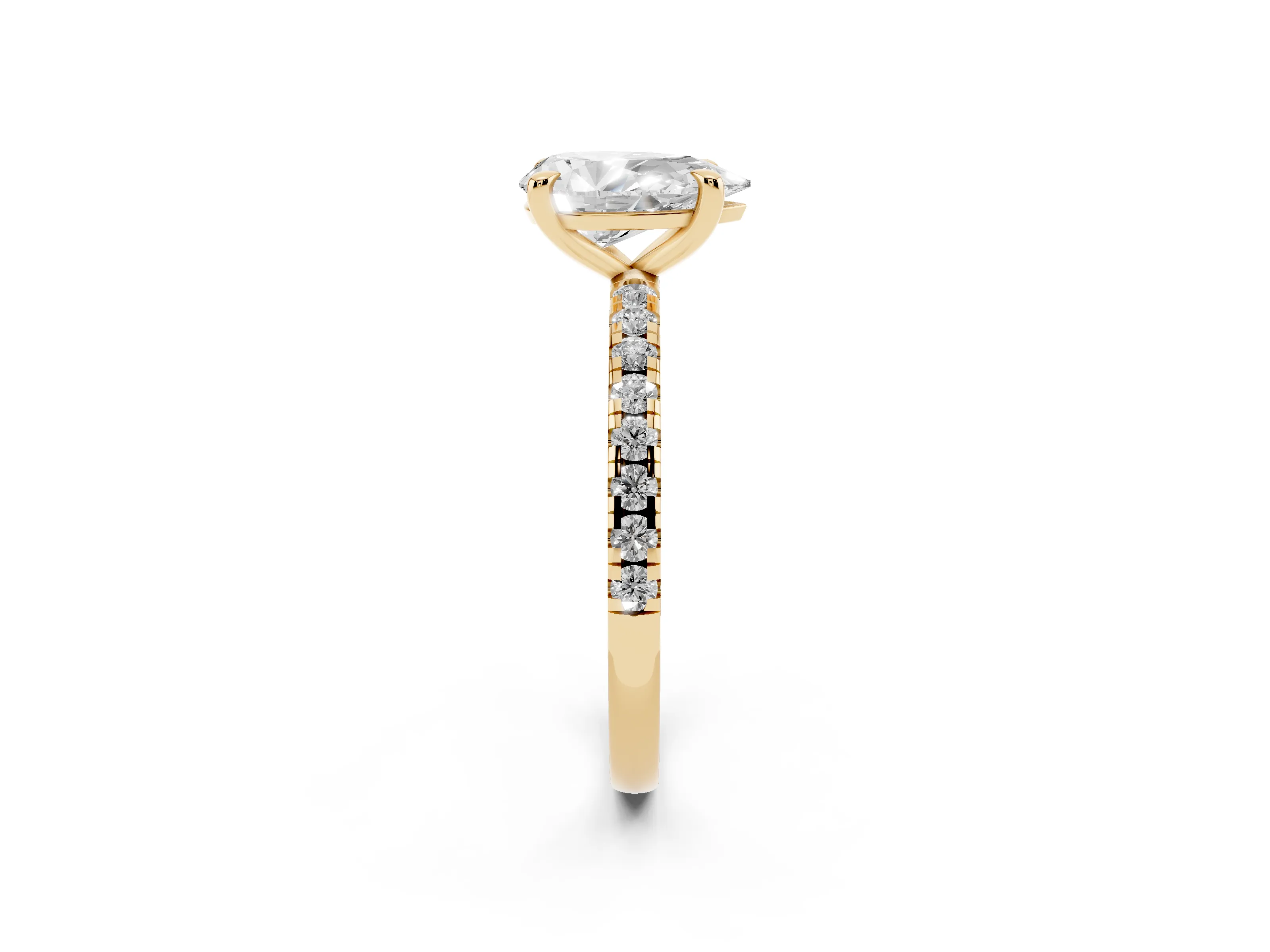 Pear Cut Diamond Brilliant Solitaire Ring Set in Yellow gold with Pavé Band and Prong Setting