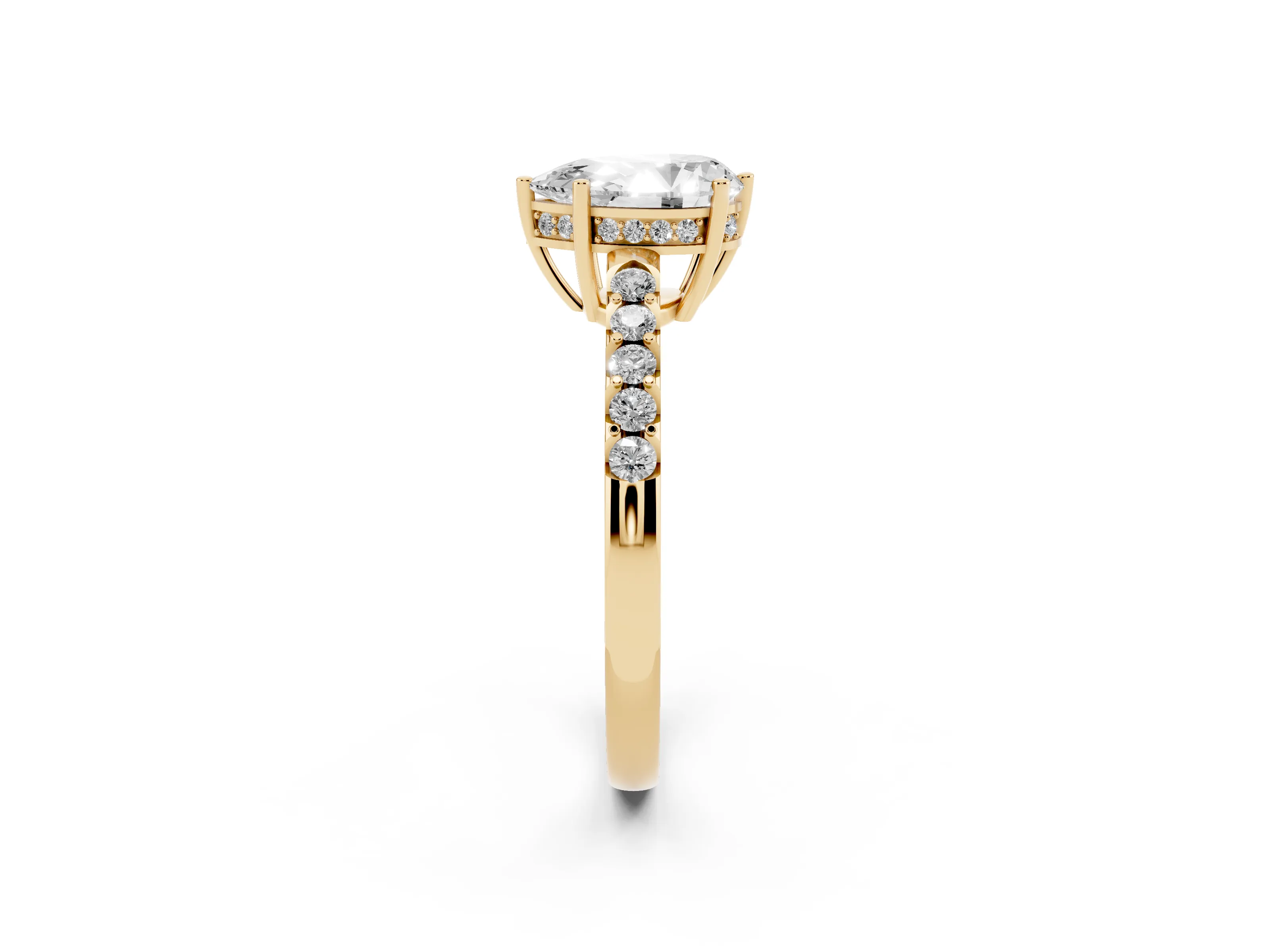 Pear Cut Diamond Solitaire Engagement Ring Set in Yellow gold with Pavé Band and Prong Setting