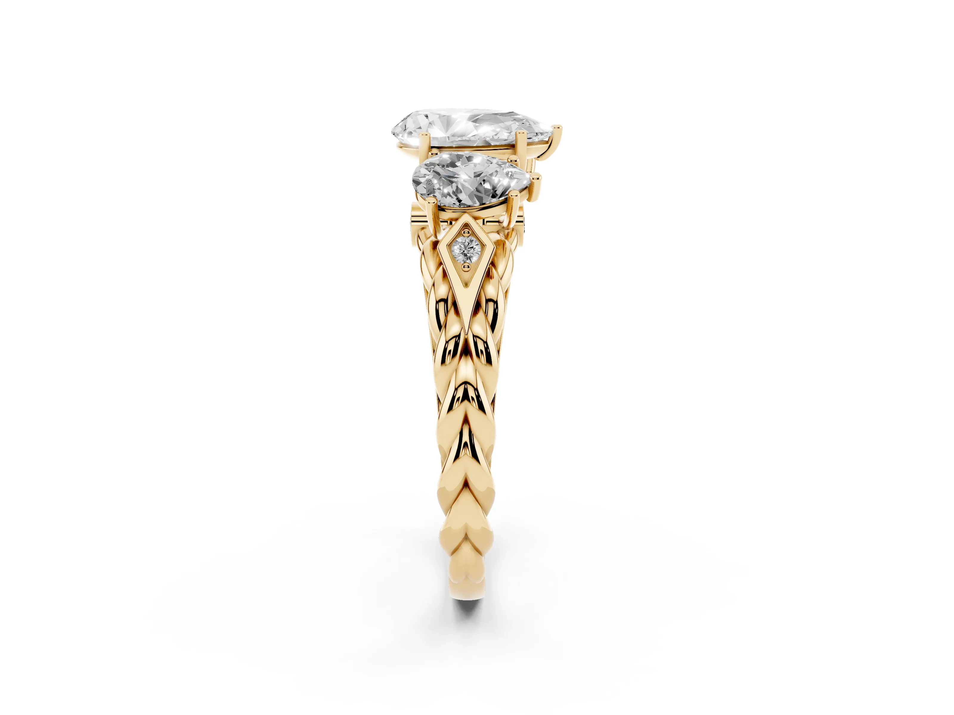 Pear Cut Diamond Three-Stone Ring Set in Yellow gold with Braided Band