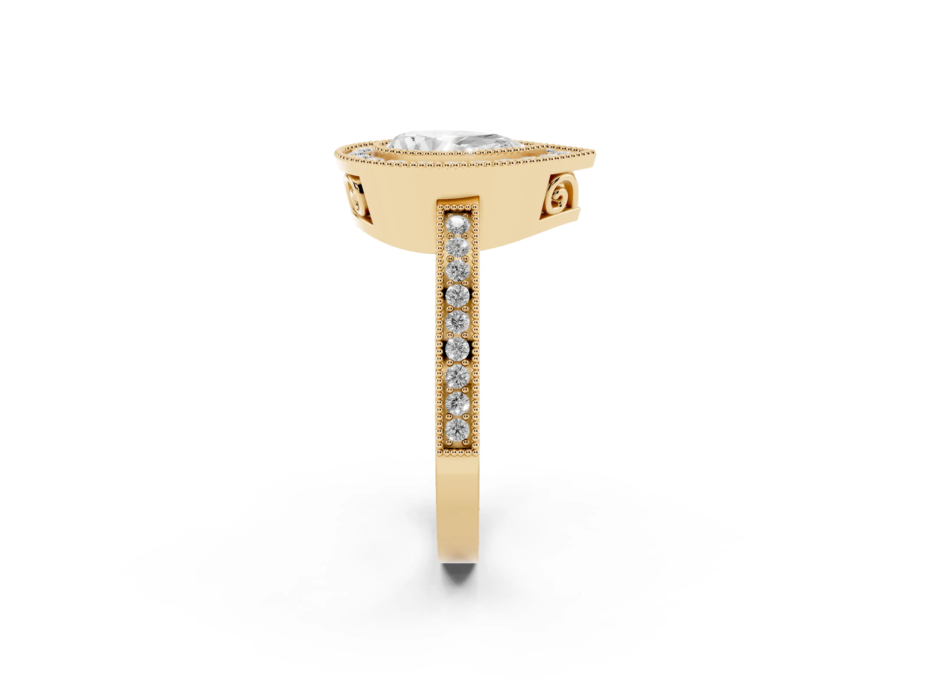 Pear Cut Diamond Halo Ring Set in Yellow gold with Pavé Band and Milgrain-Edged Prongs