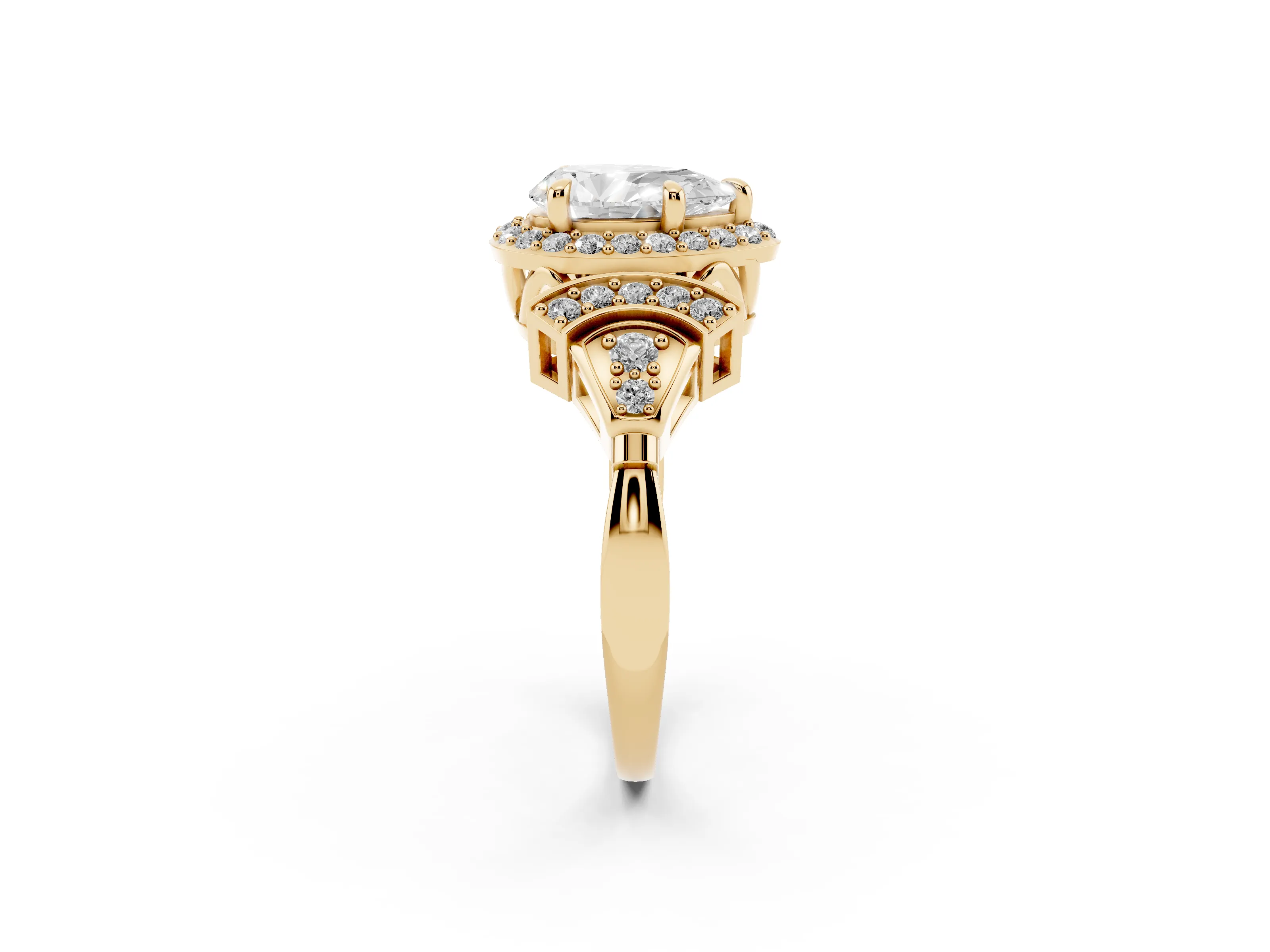 Pear Cut Diamond Halo Engagement Ring Set in Yellow gold with Accent Stone Split Shank