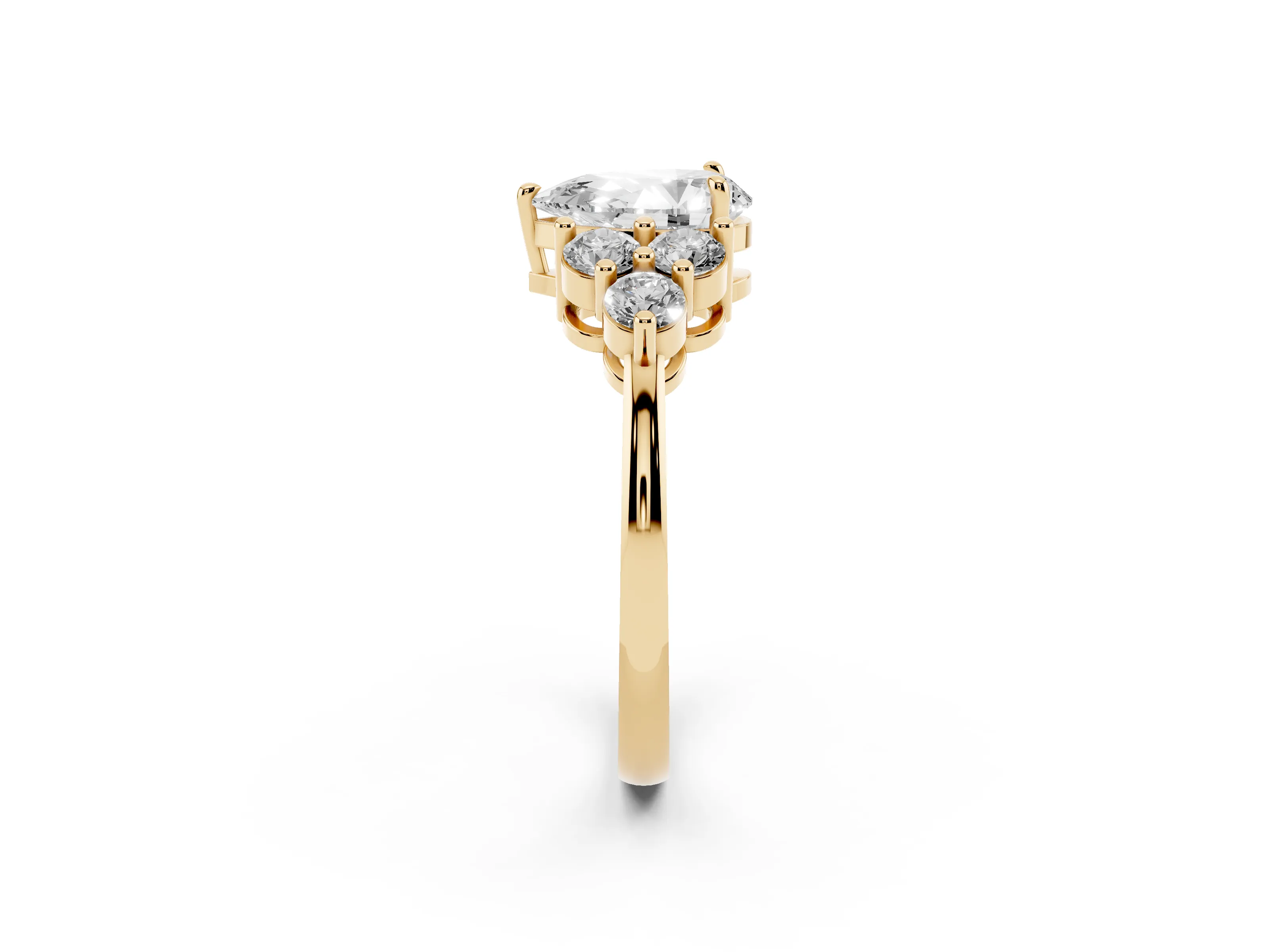 Pear Cut Diamond Solitaire Ring Set in Yellow gold with Cluster Accents on Each Side