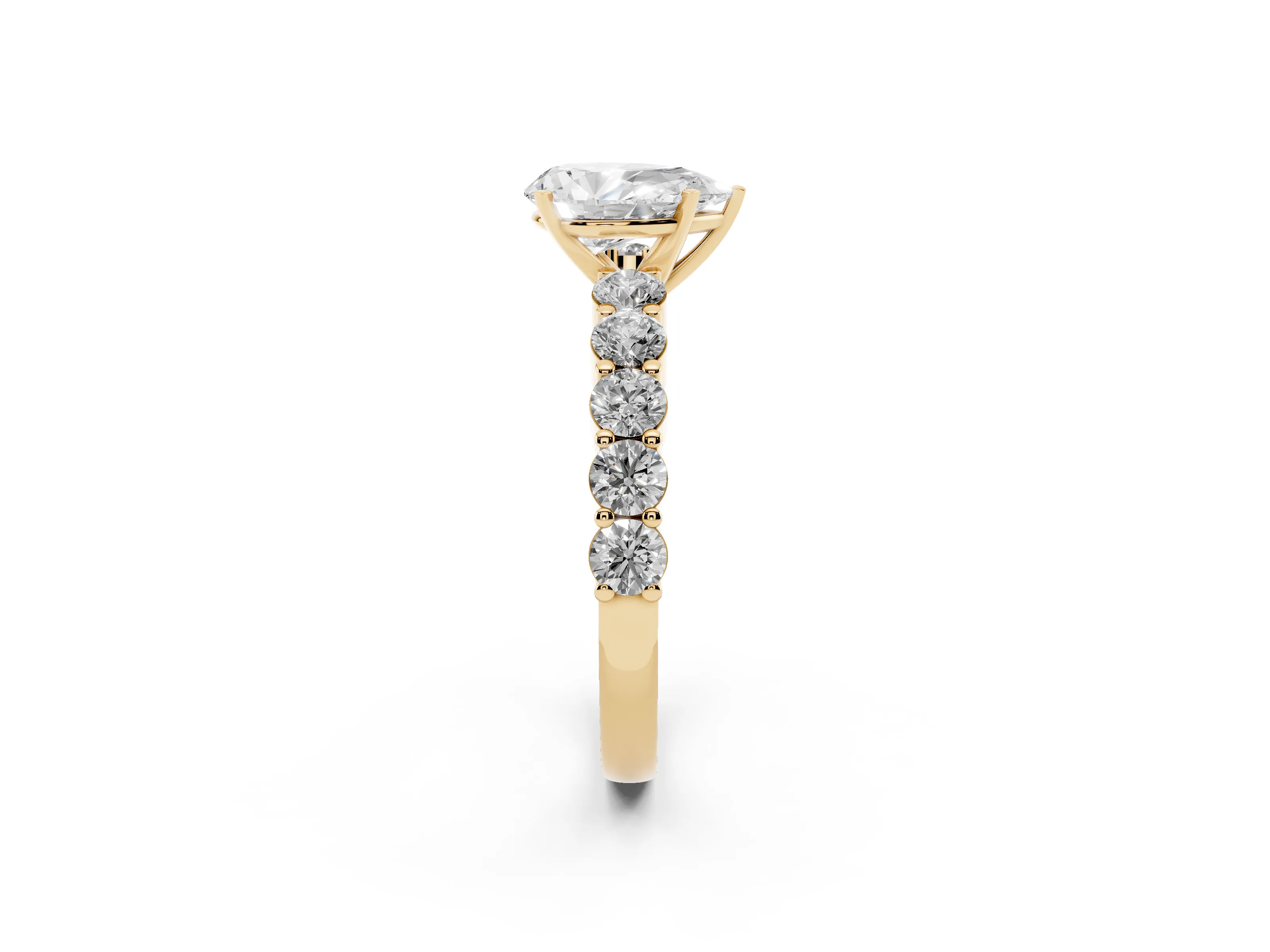 Pear Cut Diamond Solitaire Ring Set in Yellow gold with Shared Prong Round Side Stones