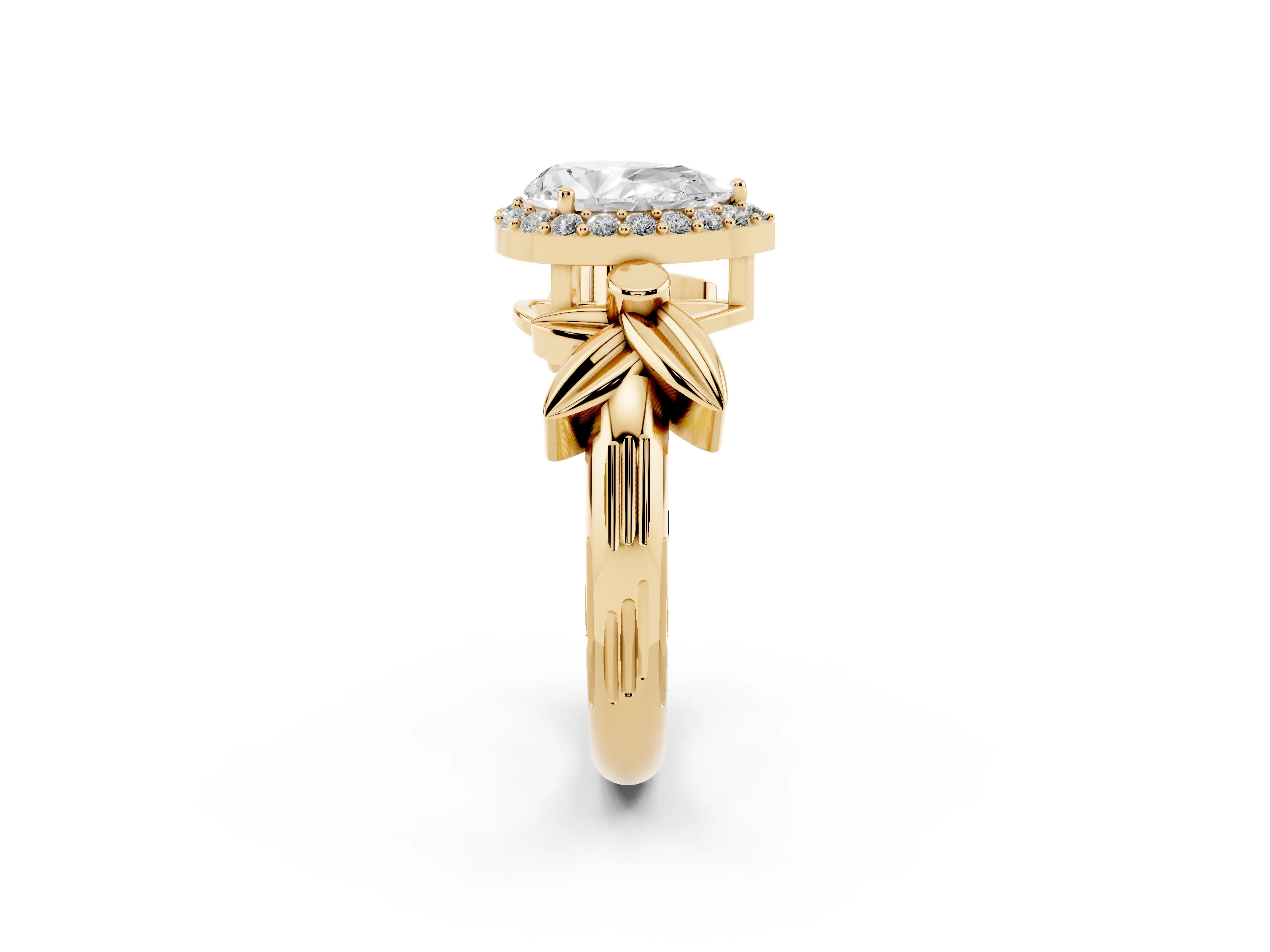 Pear Cut Diamond Halo Floral Band Ring Set in Yellow gold with Prong Setting
