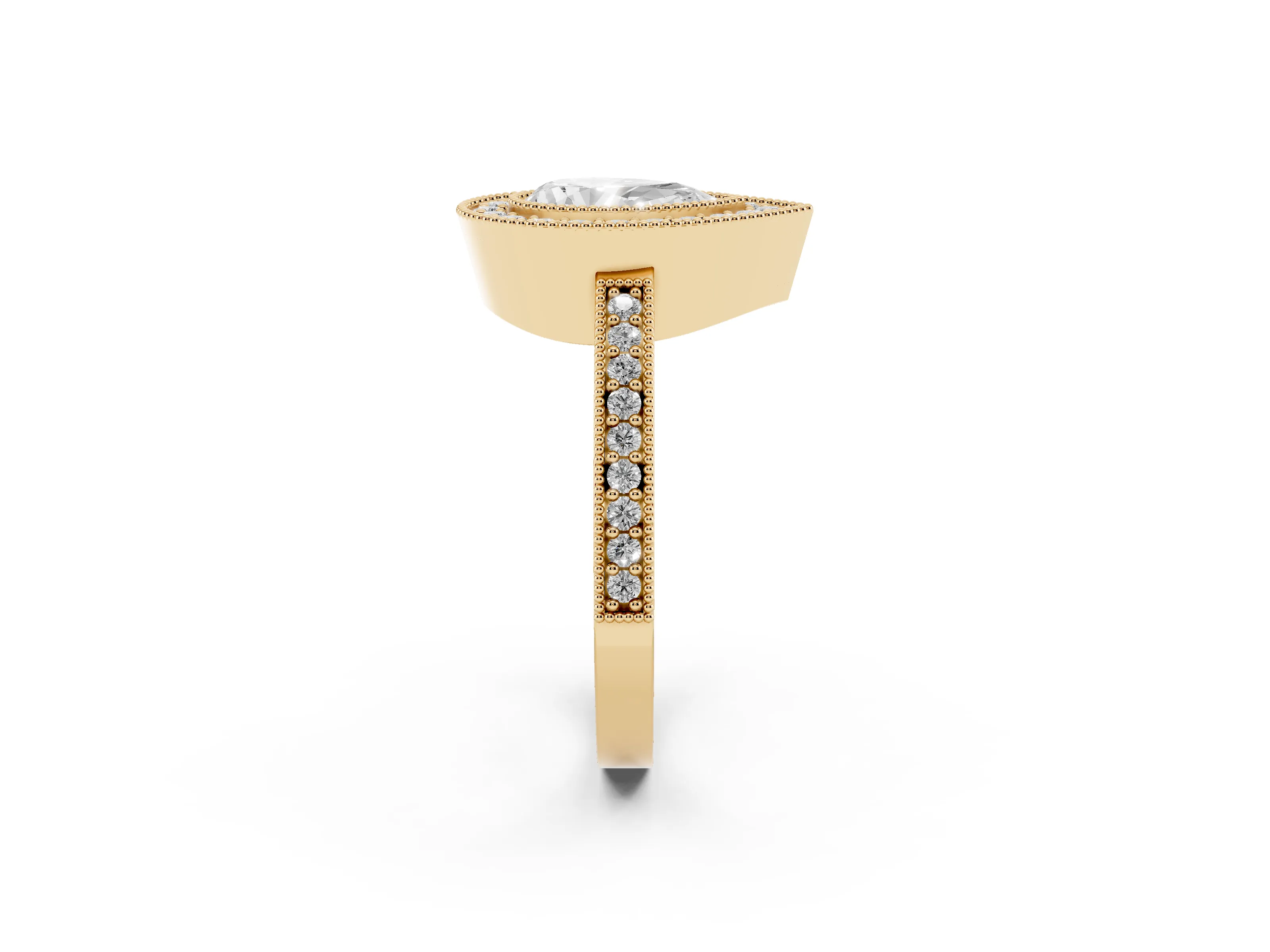 Pear Cut Diamond Halo Engagement Ring Set in Yellow gold with Pavé Band and Round Halo Stones