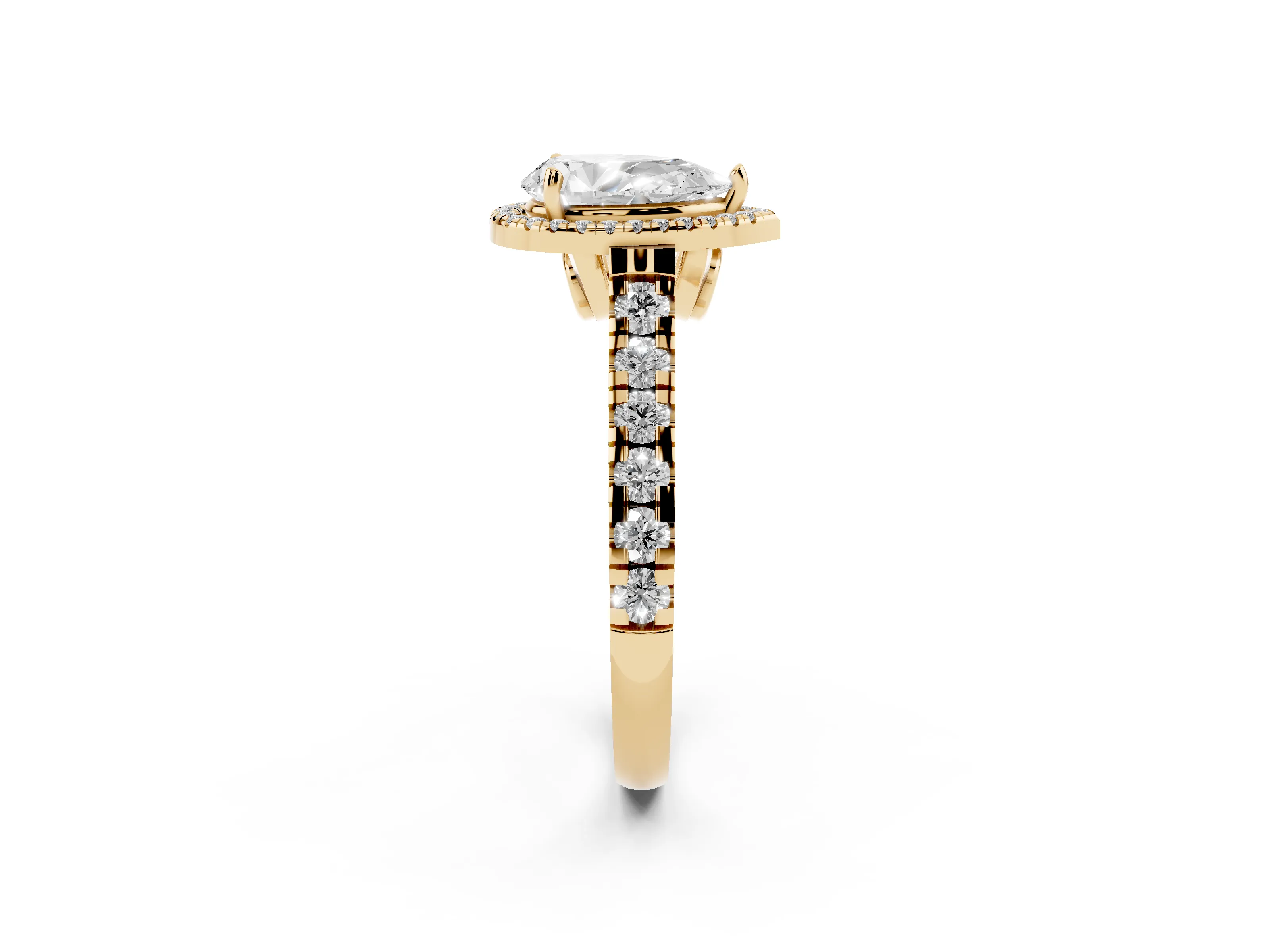 Pear Cut Diamond Halo Engagement Ring Set in Yellow gold with Pavé Band and Prong-Set Center