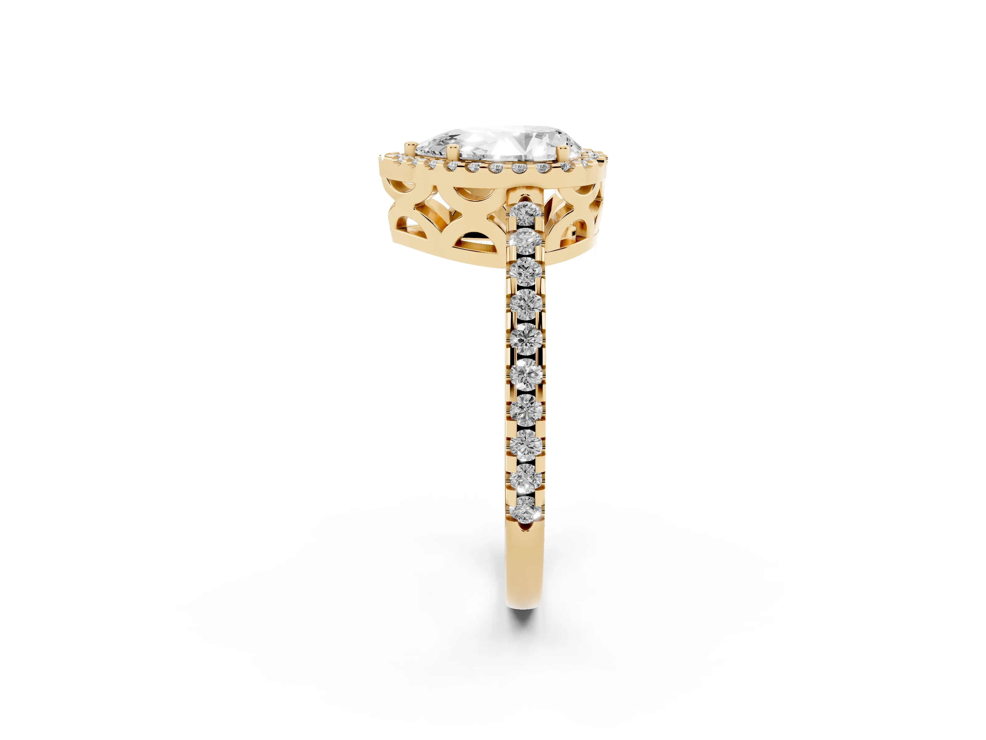 Pear Cut Diamond Halo Ring Set in Yellow gold with Pavé Shoulders and Halo-Framed Center