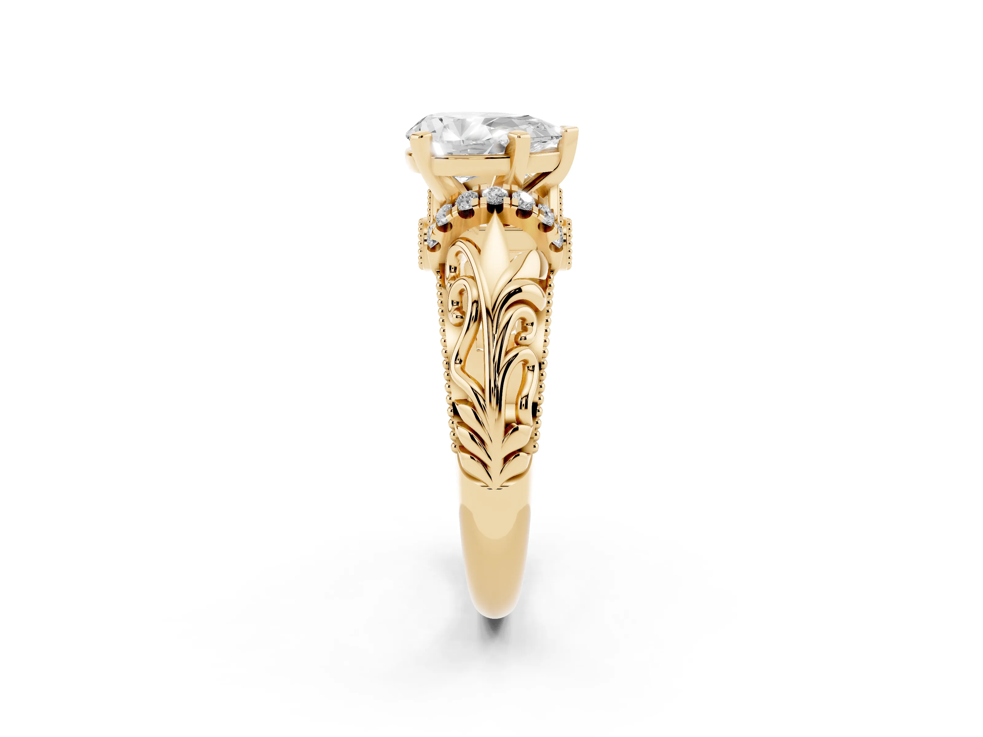 Pear Cut Diamond Filigree Halo Engagement Ring Set in Yellow gold with Prong Setting