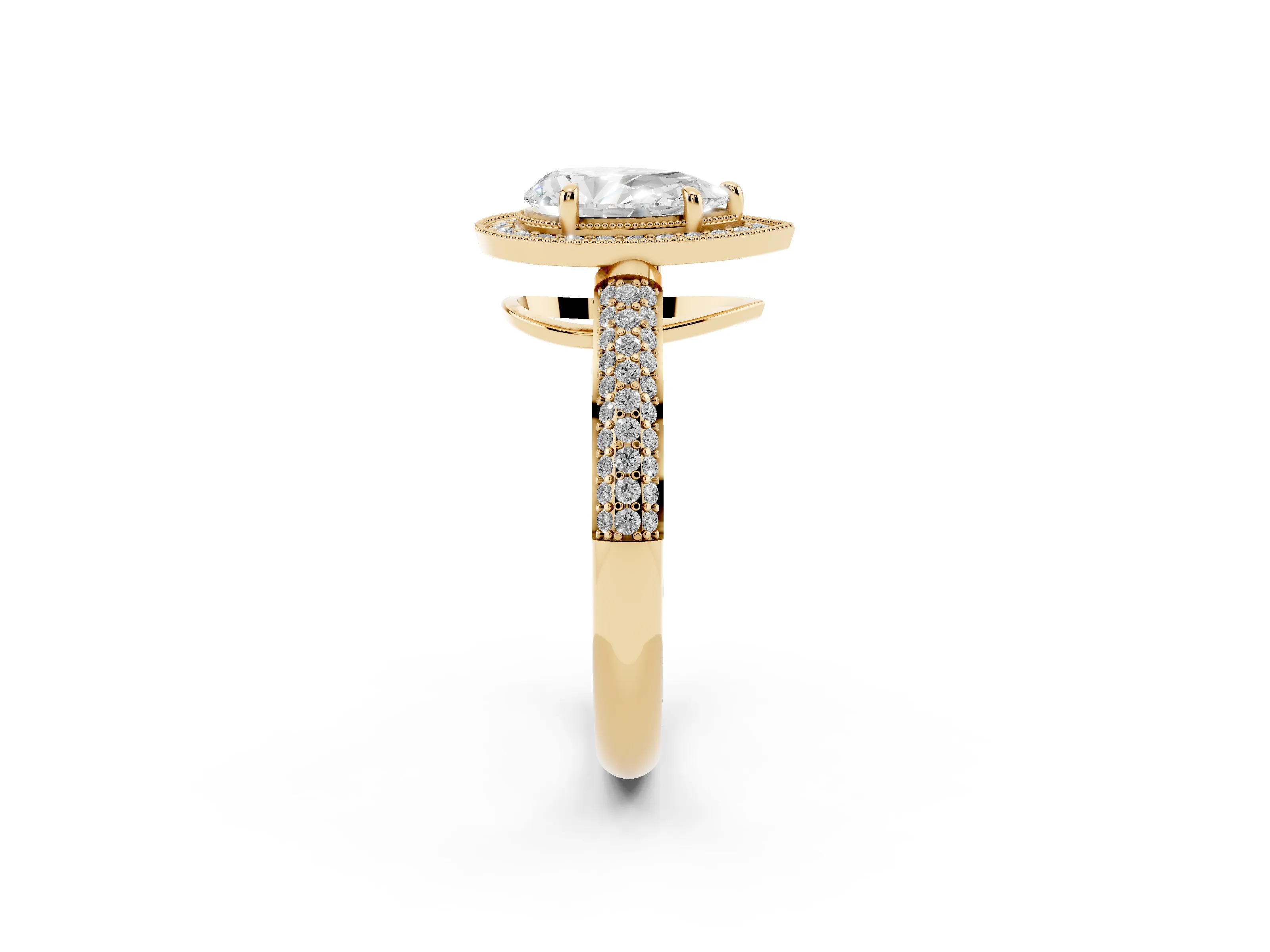 Pear Cut Diamond Halo Pavé Band Set in Yellow gold with Prong Setting