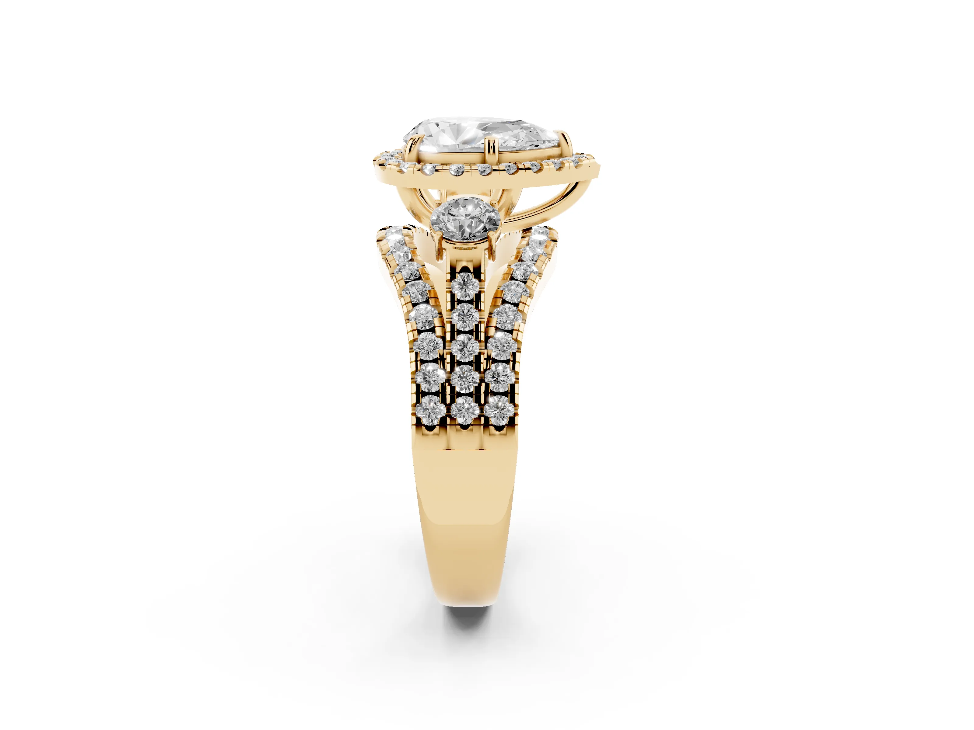 Pear Cut Diamond Halo Split Shank Ring Set in Yellow gold with Round Accent Stones and Prong Setting