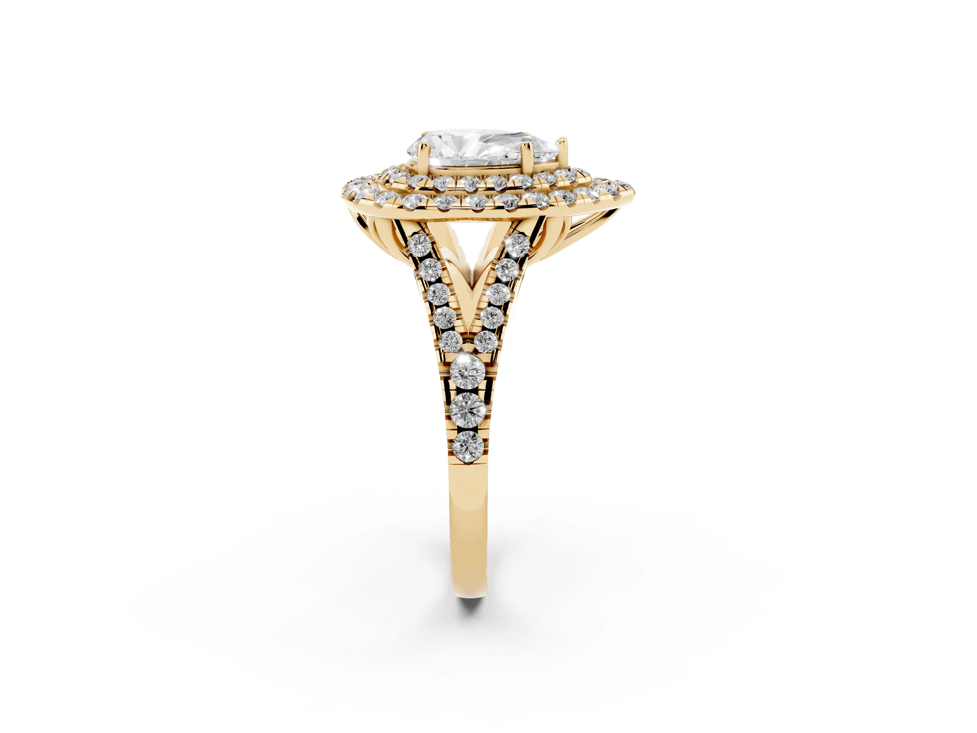 Pear Cut Diamond Double Halo Ring Set in Yellow gold with Pavé Split Shank and Prong Setting