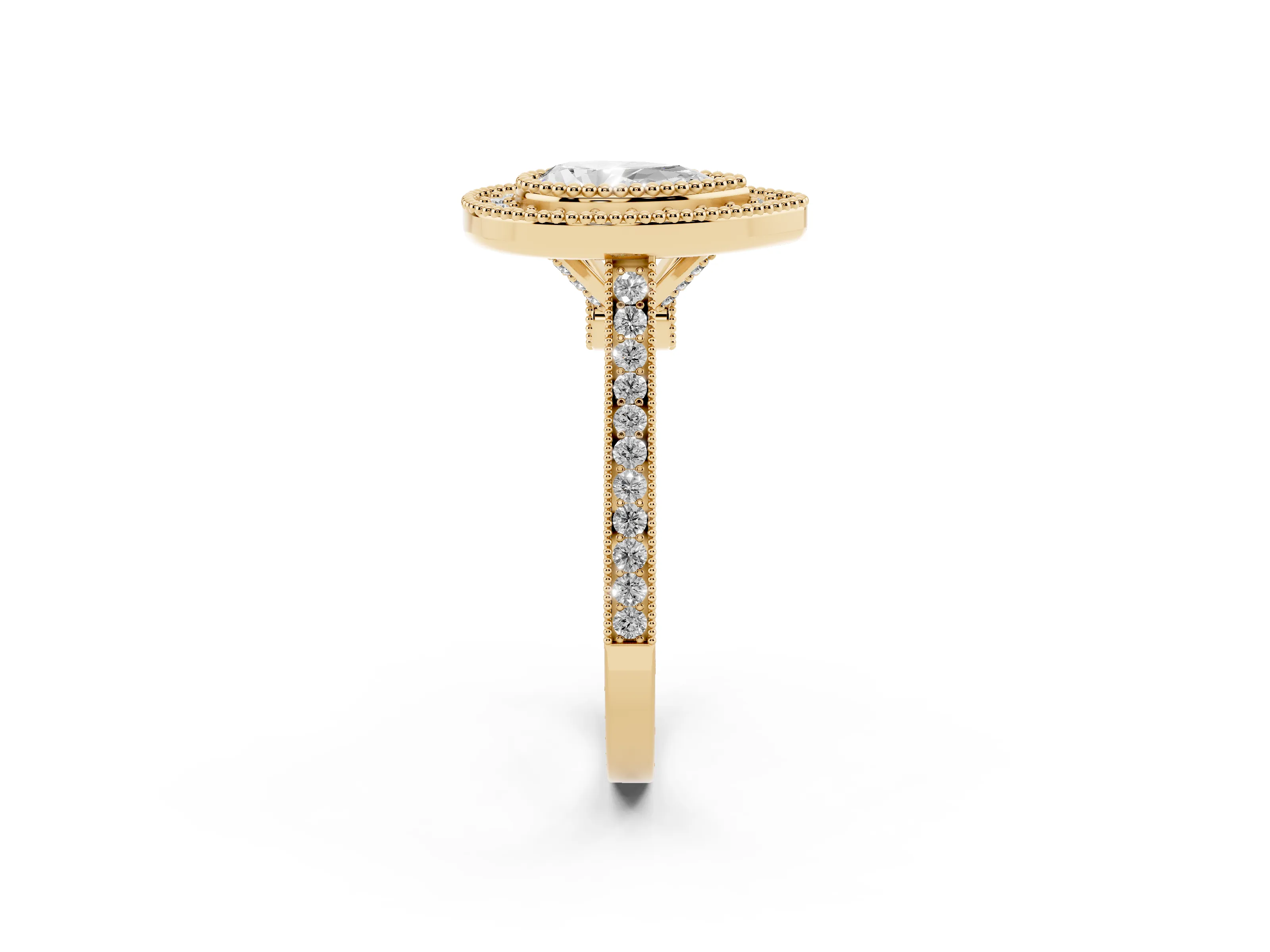 Pear Cut Diamond Halo Ring Set in Yellow gold with Milgrain Frame and Pavé Band