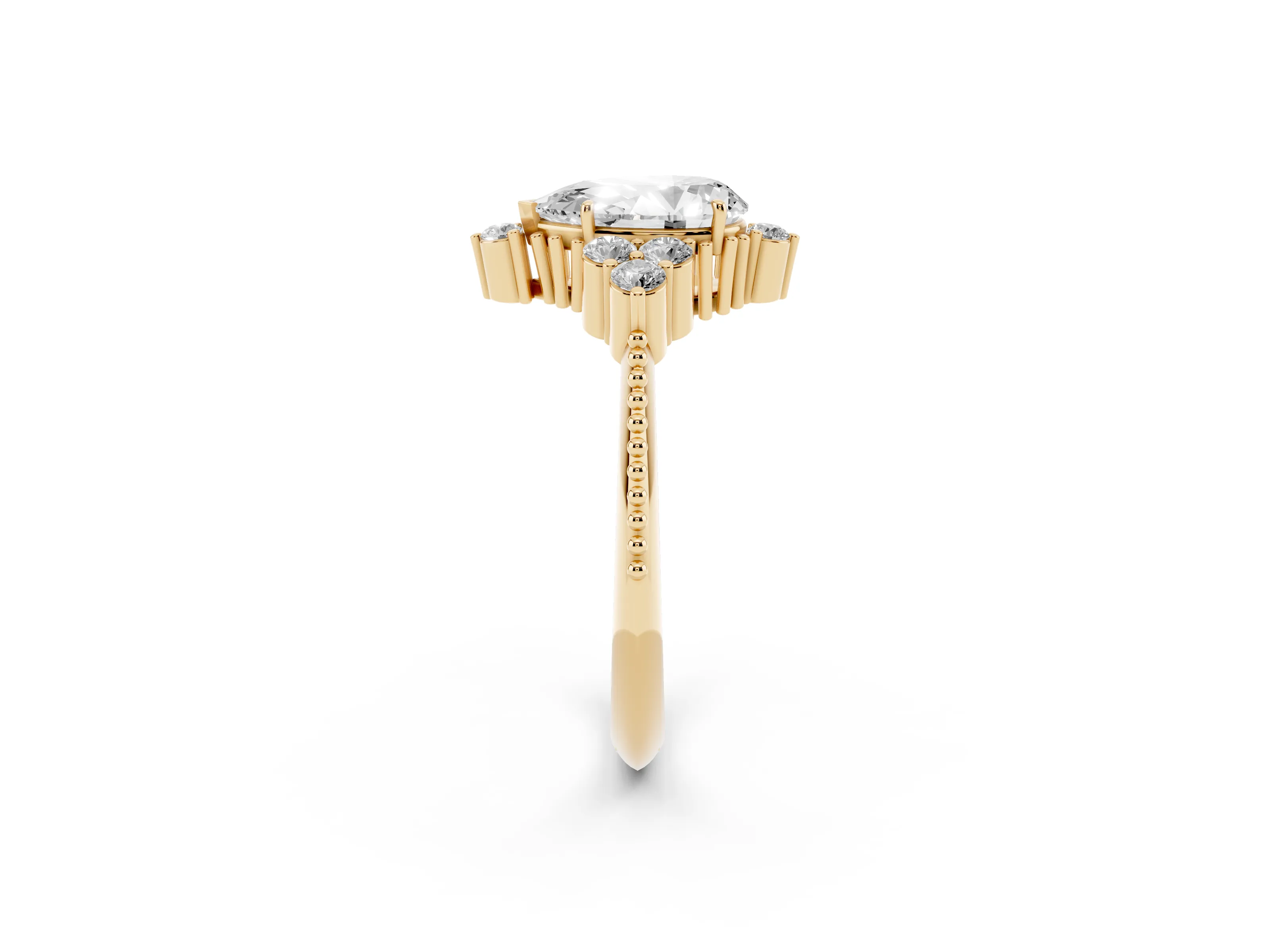 Pear Cut Diamond Cluster Ring Set in Yellow gold with Beaded Band