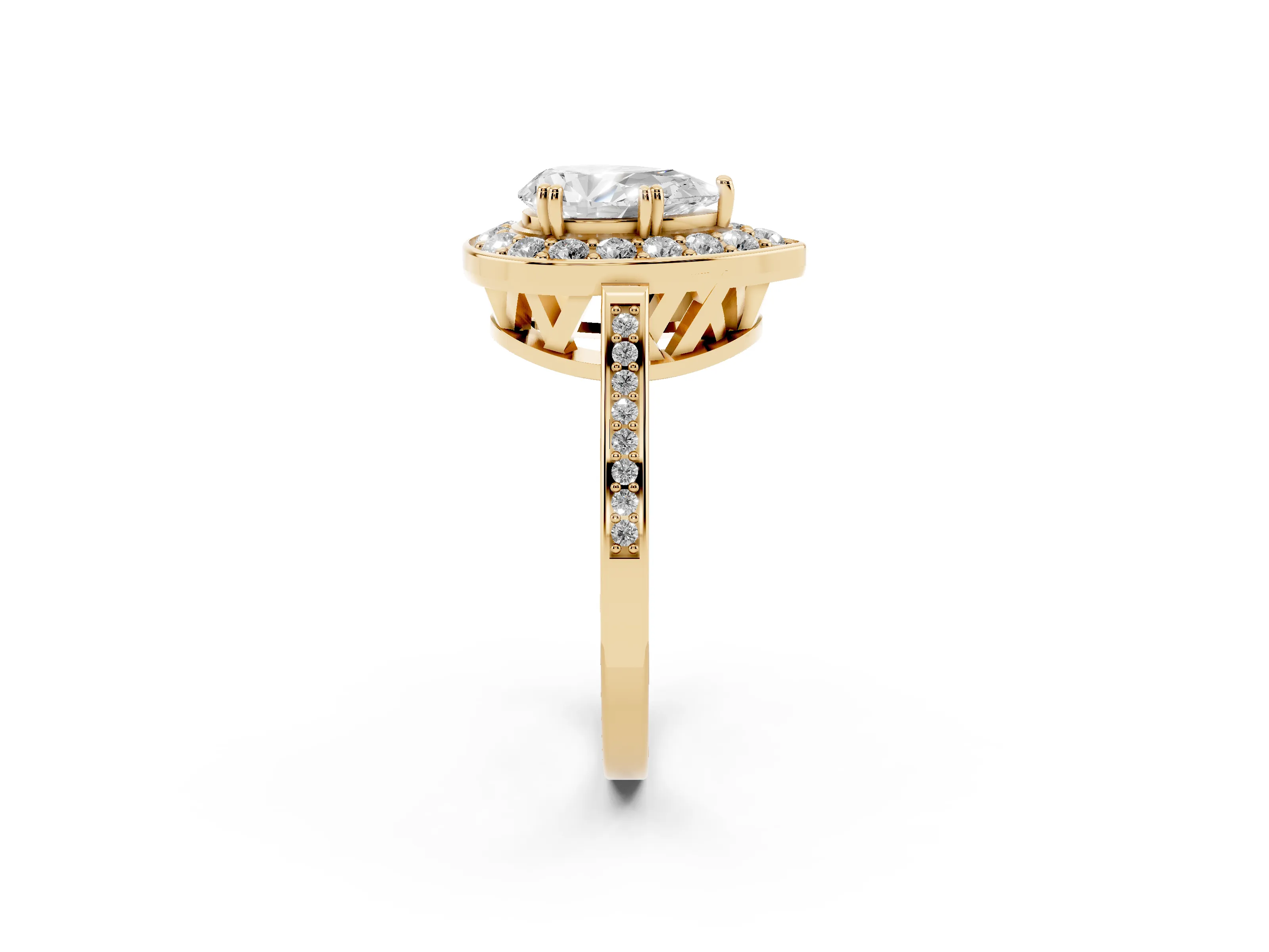 Pear Cut Diamond Halo Ring Set in Yellow gold with Accent-Lined Split Shank and Prong Setting