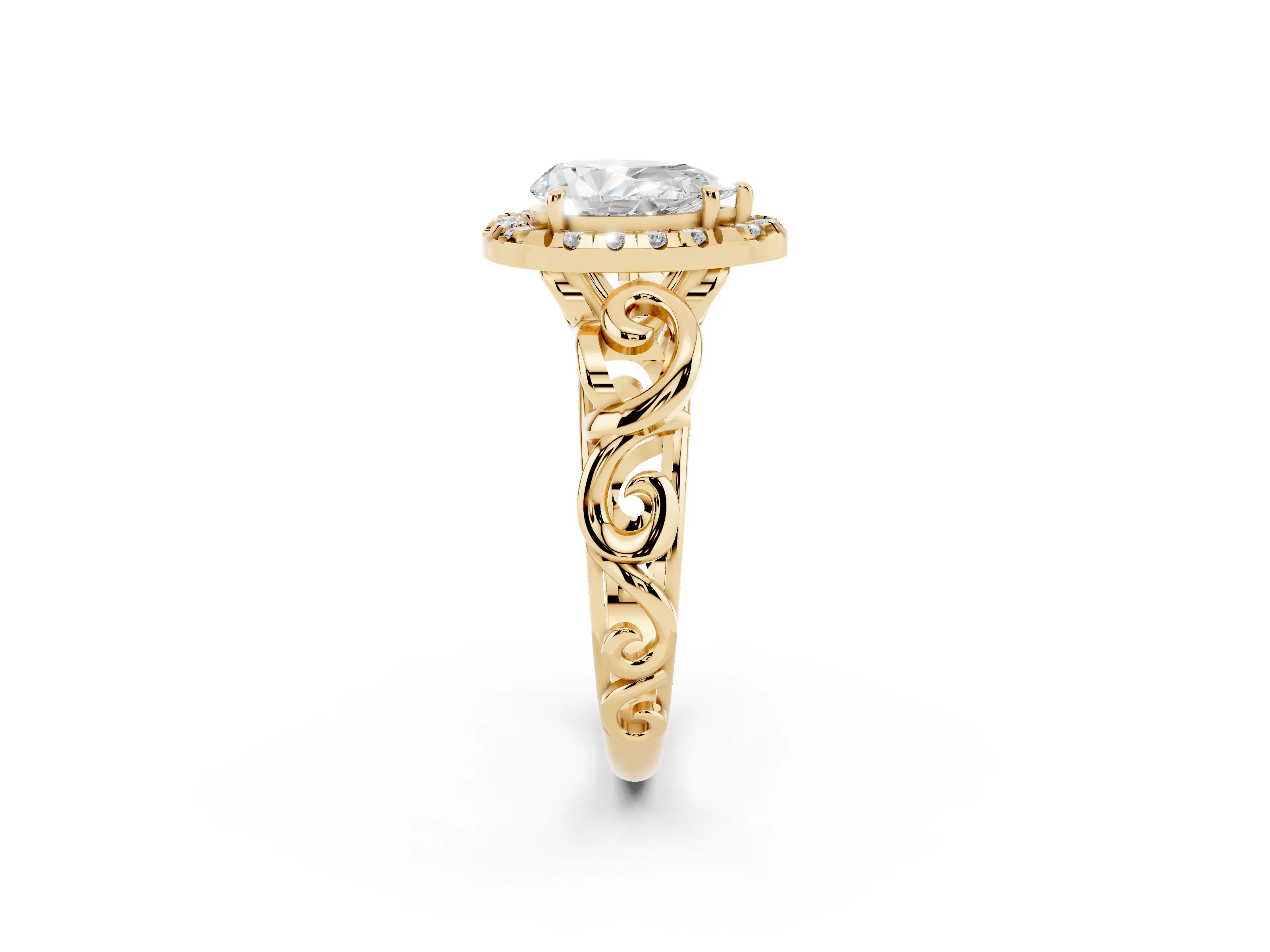 Pear Cut Diamond Halo Ring Set in Yellow gold with Scrollwork Band and Prong Setting