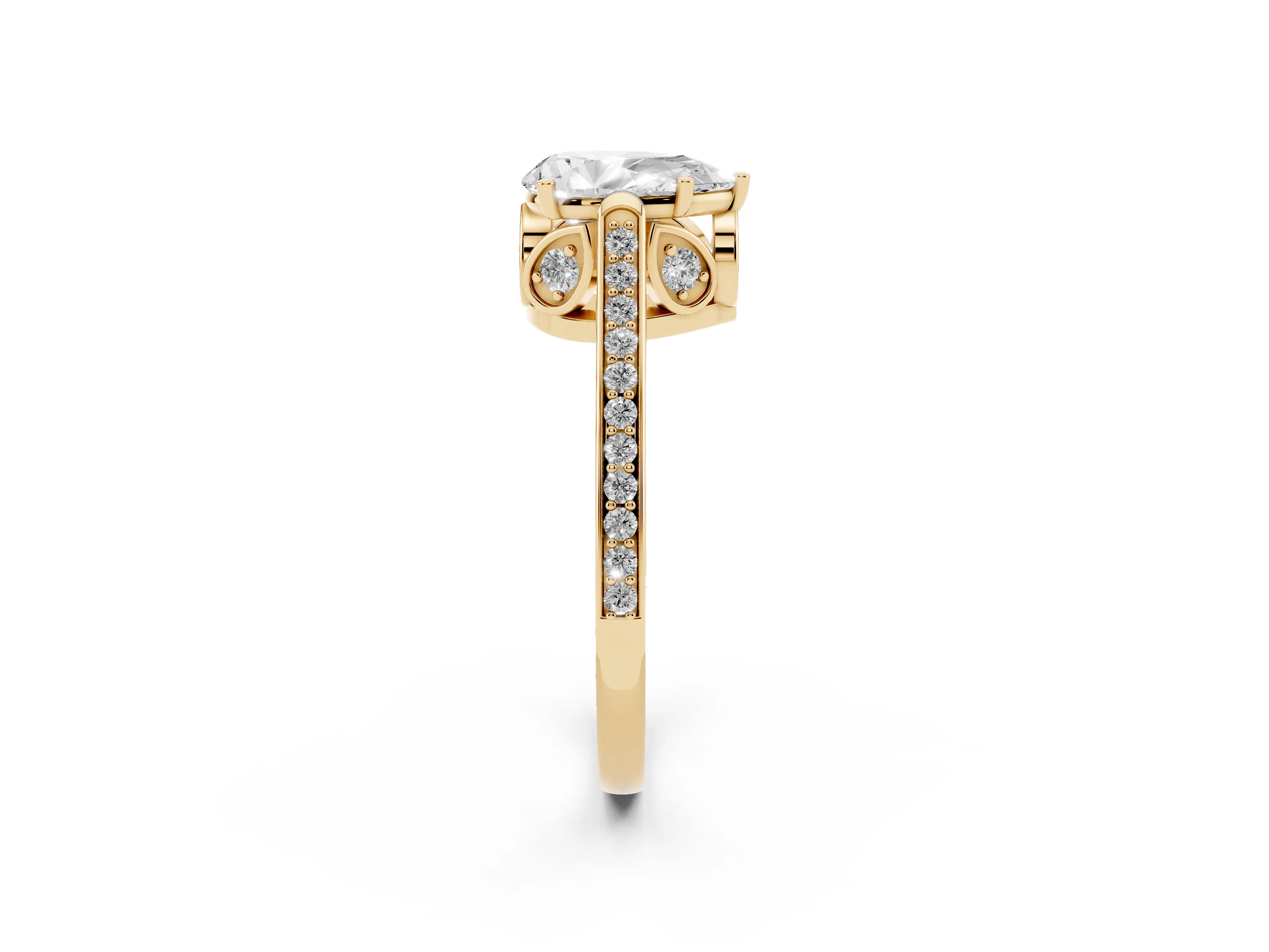 Pear Cut Diamond Cathedral Pavé Engagement Ring Set in Yellow gold with Prong Setting