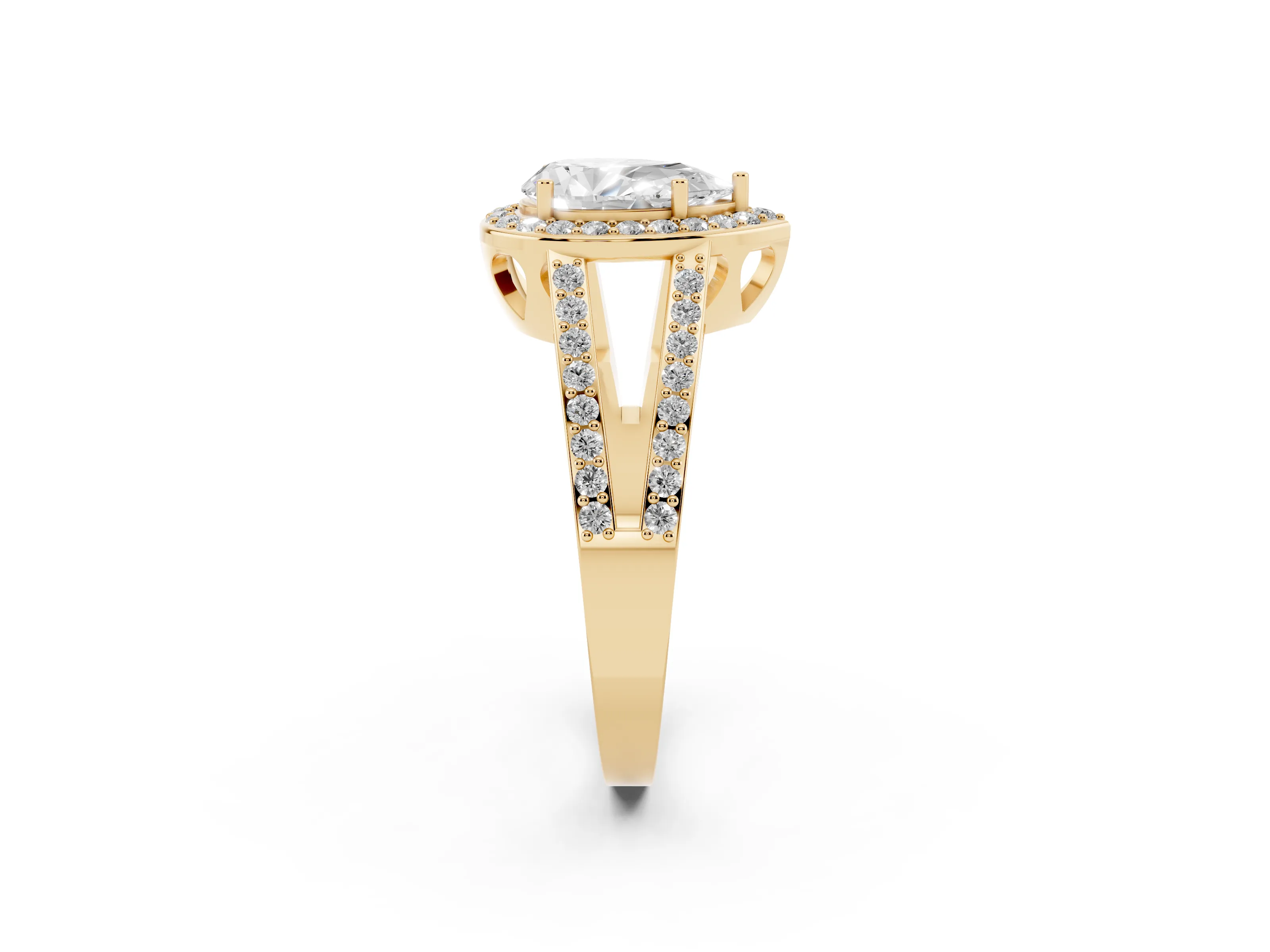 Pear Cut Diamond Halo Ring Set in Yellow gold with U-Prong Split Shank and Prong Setting