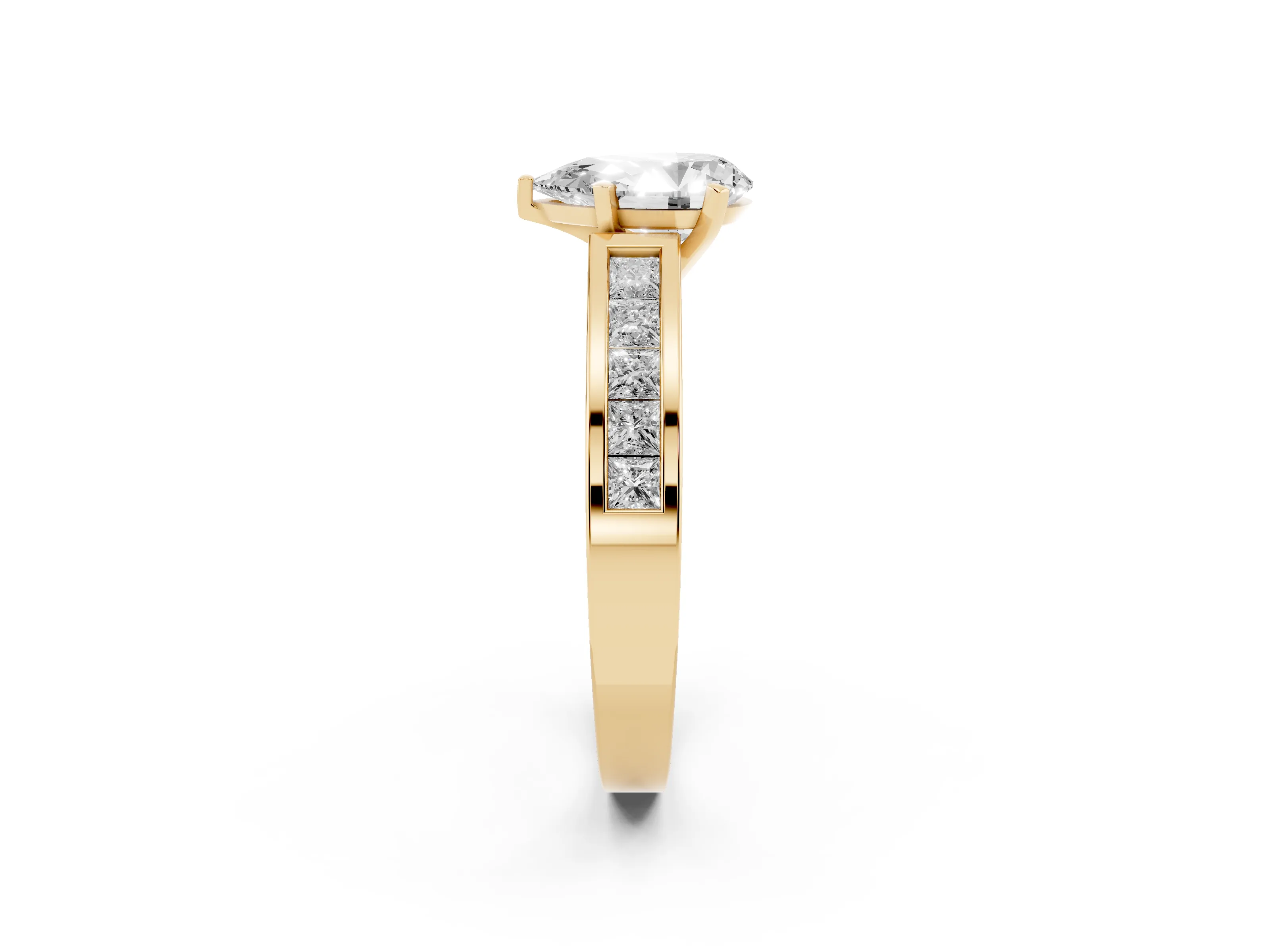 Pear Cut Diamond Solitaire Ring Set in Yellow gold with Channel-Set Band and Prong Setting