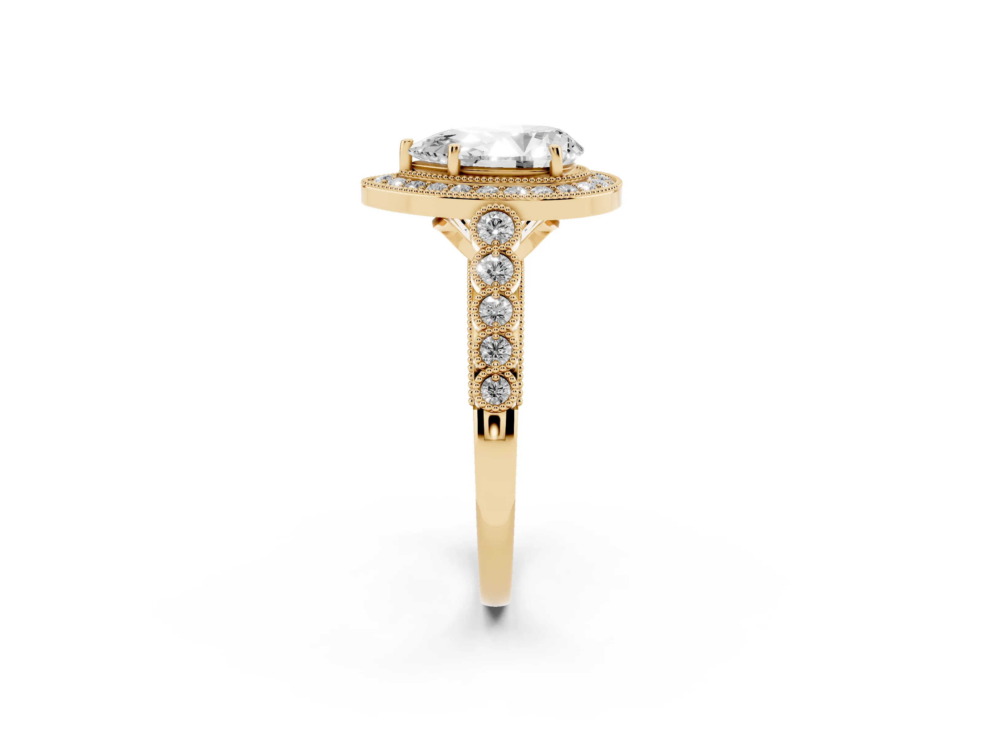 Pear Cut Diamond Milgrain Halo Solitaire Ring Set in Yellow gold with Bezel Set Side Stones and Pavé Band