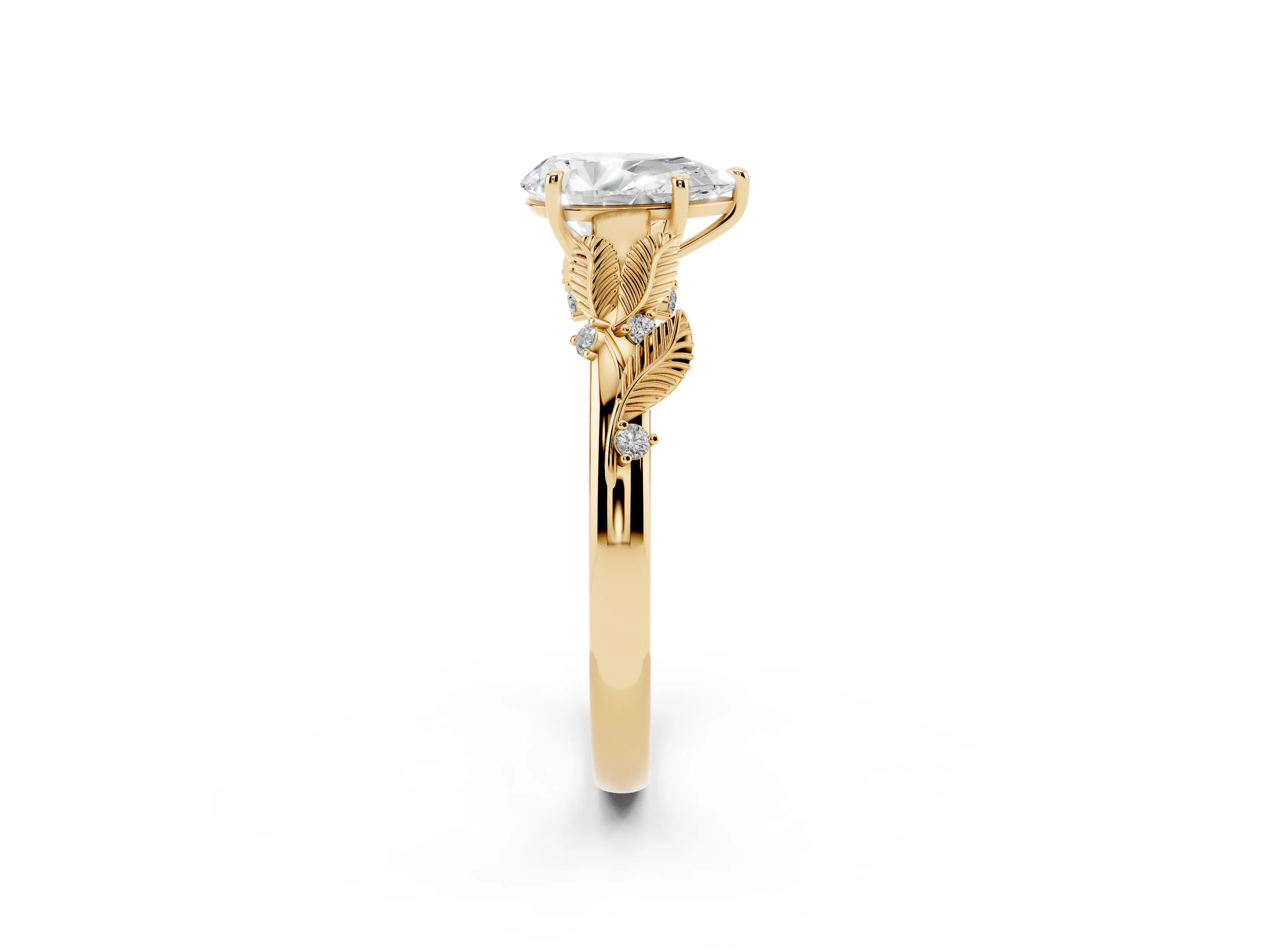 Pear Cut Diamond Solitaire Ring Set in Yellow gold with Leaf Motif Band