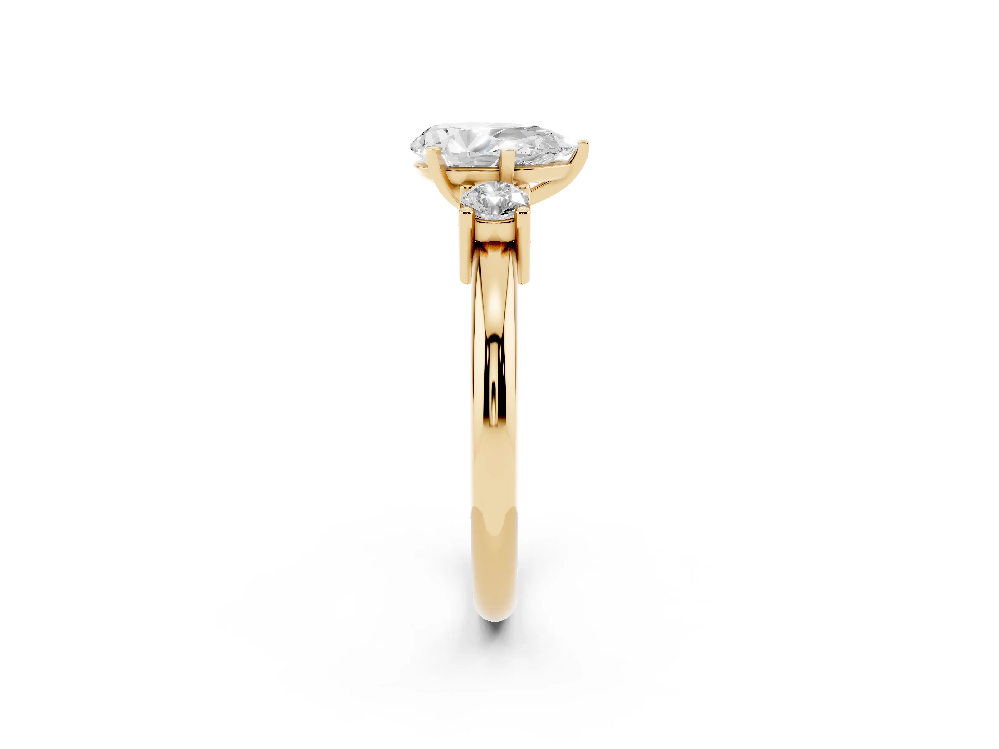 Three-Stone Pear Cut Diamond Ring Set in Yellow gold with Prong Setting and Plain Band