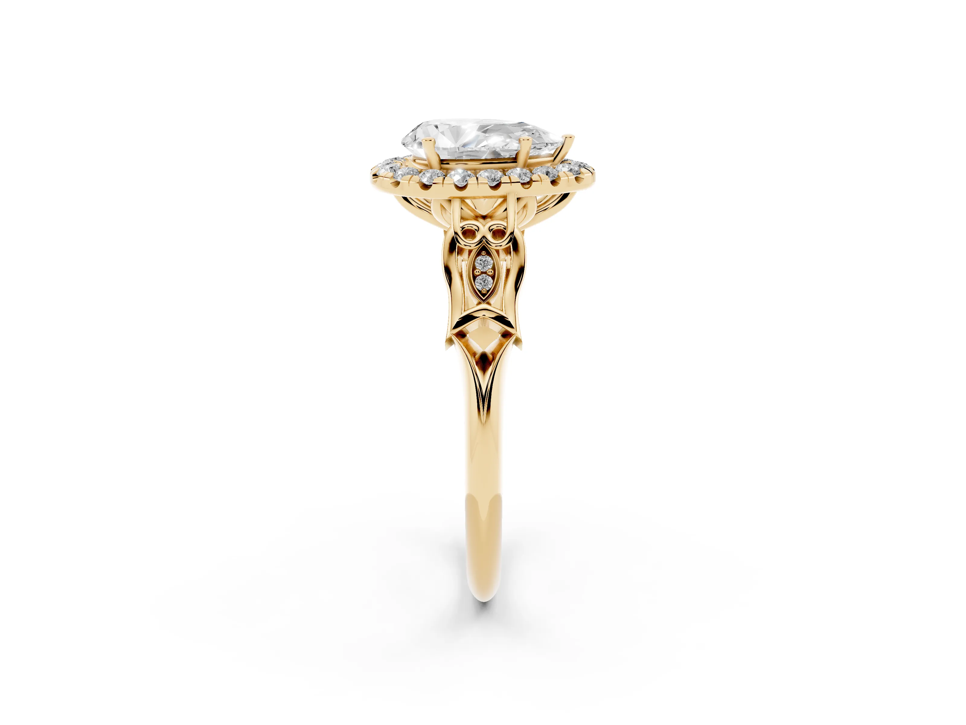 Pear Cut Diamond Halo Engagement Ring Set in Yellow gold with Filigree Band and Prong-Set Center