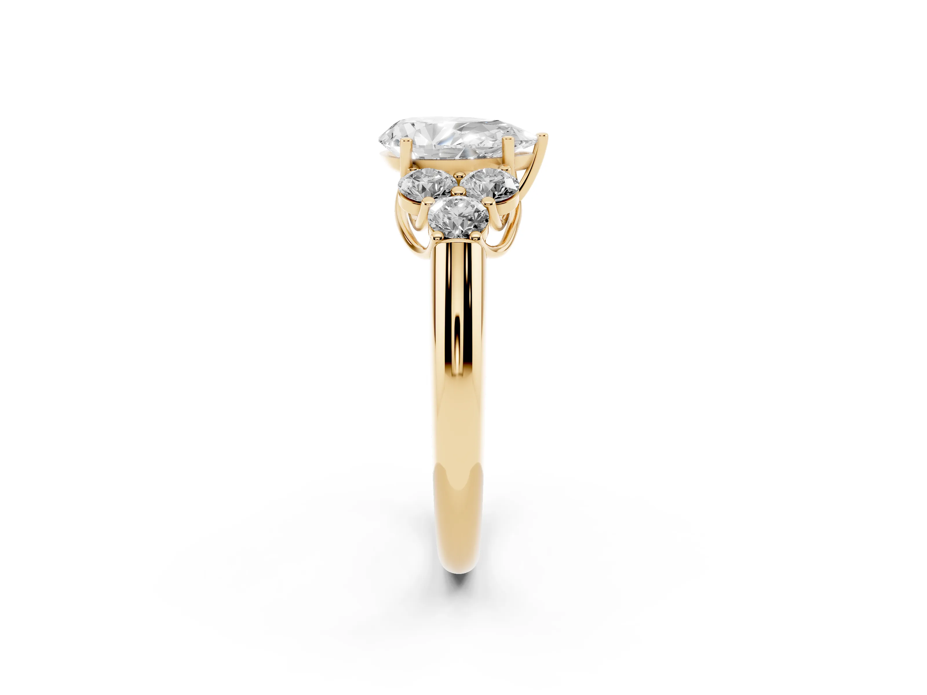 Pear Cut Diamond Cluster Ring Set in Yellow gold with Round Accent Stones and Prong Setting on a Plain Band