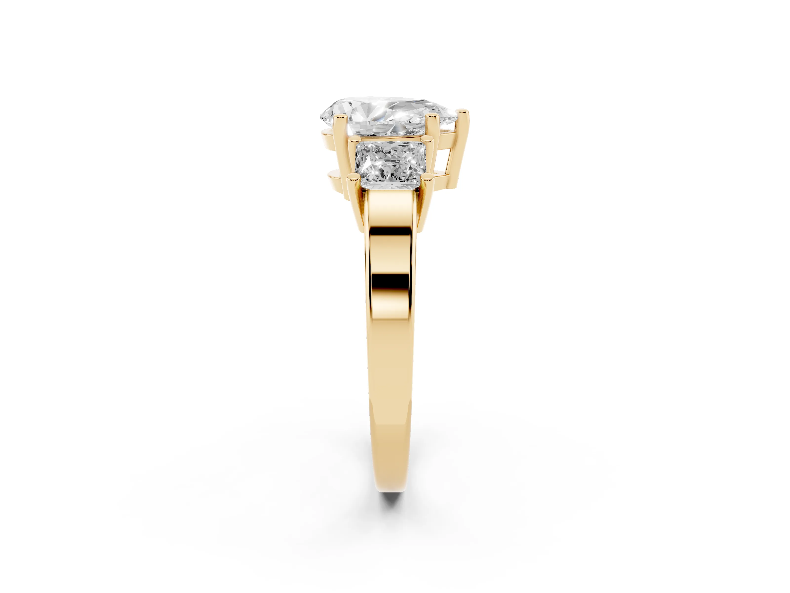 Three-Stone Pear Cut Diamond Solitaire Ring Set in Yellow gold with Prong Setting