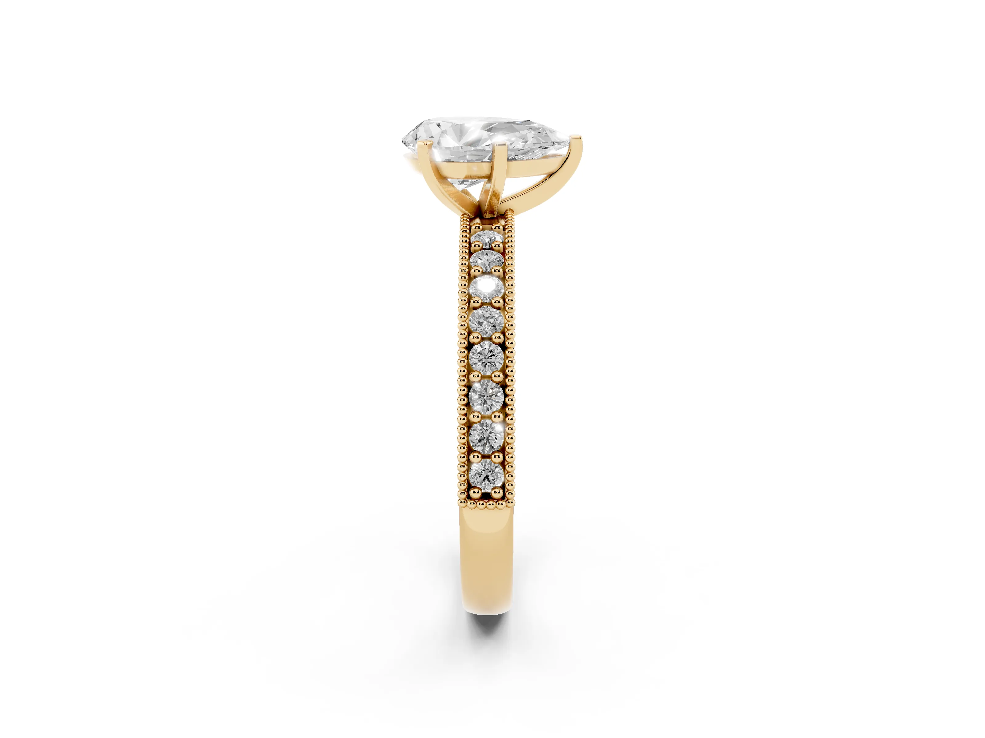 Pear Cut Diamond Milgrain Pavé Engagement Ring Set in Yellow gold with Prong Setting