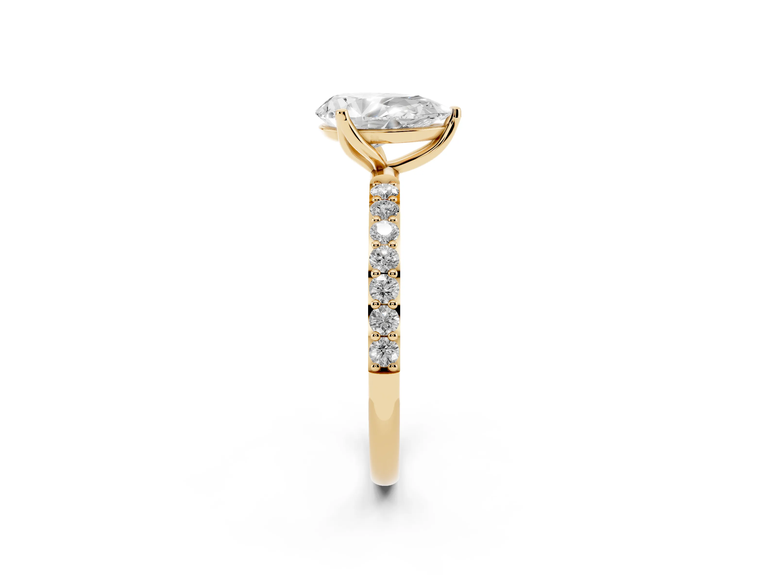 Pear Cut Diamond Solitaire Engagement Ring Set in Yellow gold with Round Pavé Band and Prong Setting